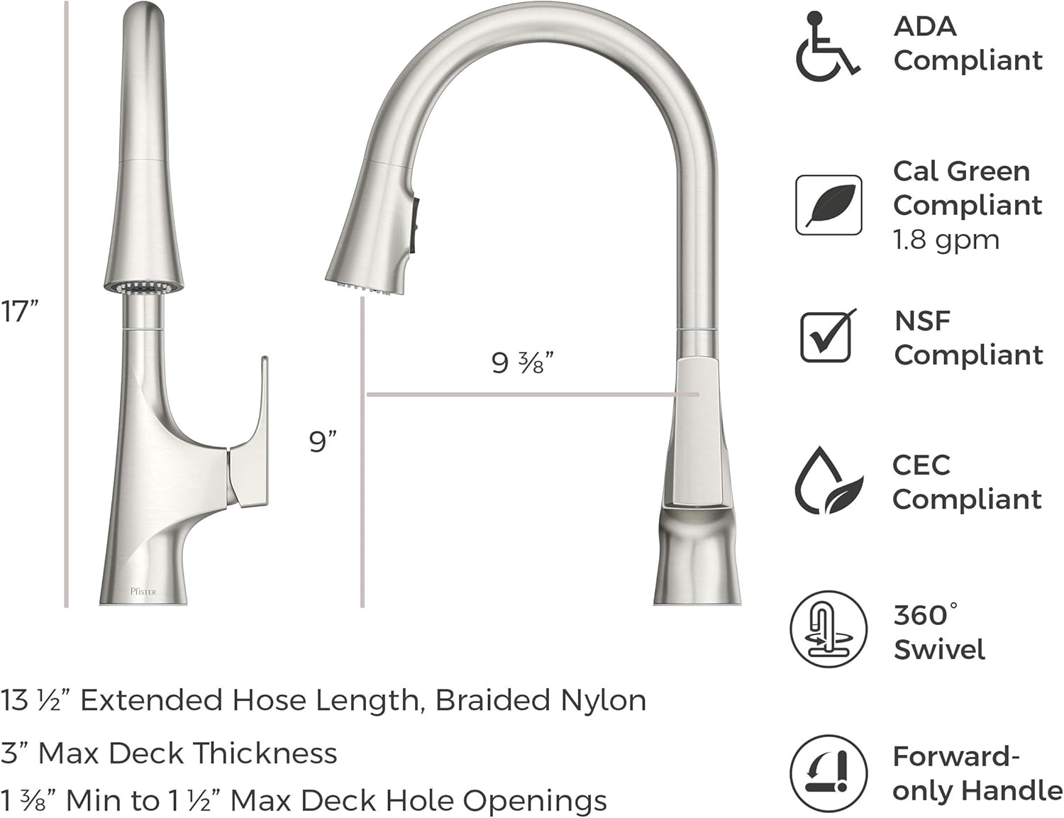 Pfister Norden Kitchen Faucet with Pull Down Sprayer, Single Handle, High Arc, Stainless Steel Finish, GT529NRS