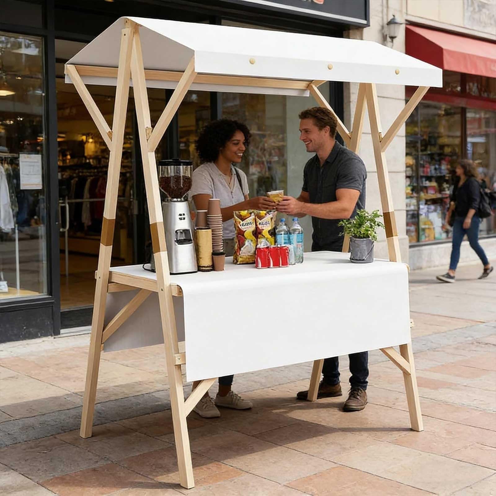 Genérico Puesto De Mercado con Toldo, Carrito De Comida Callejera De Madera, Puesto Plegable para Ferias Artesanales, Mercado Callejero, Venta Ambulante Y Expositor Móvil(White,59.1in/150cm)