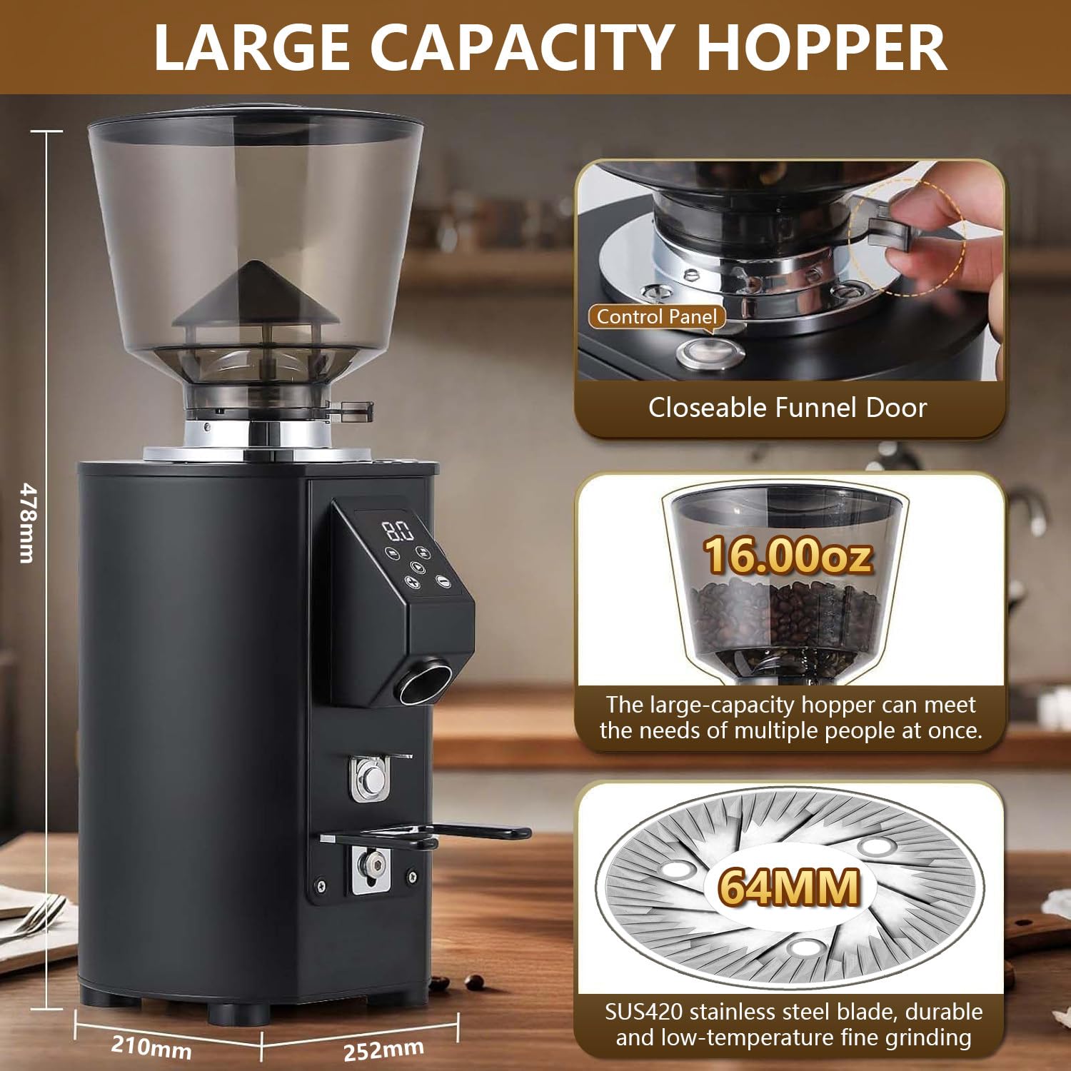 Molinillo Cafe Electrico, Moledor De Cafe 350 W, 2800 RPM, Modo De Dosificación Dual, Panel De Control LED Y Tolva De 450 G, 9 Ajustes De Molienda Gruesa/Fina, para Espresso White