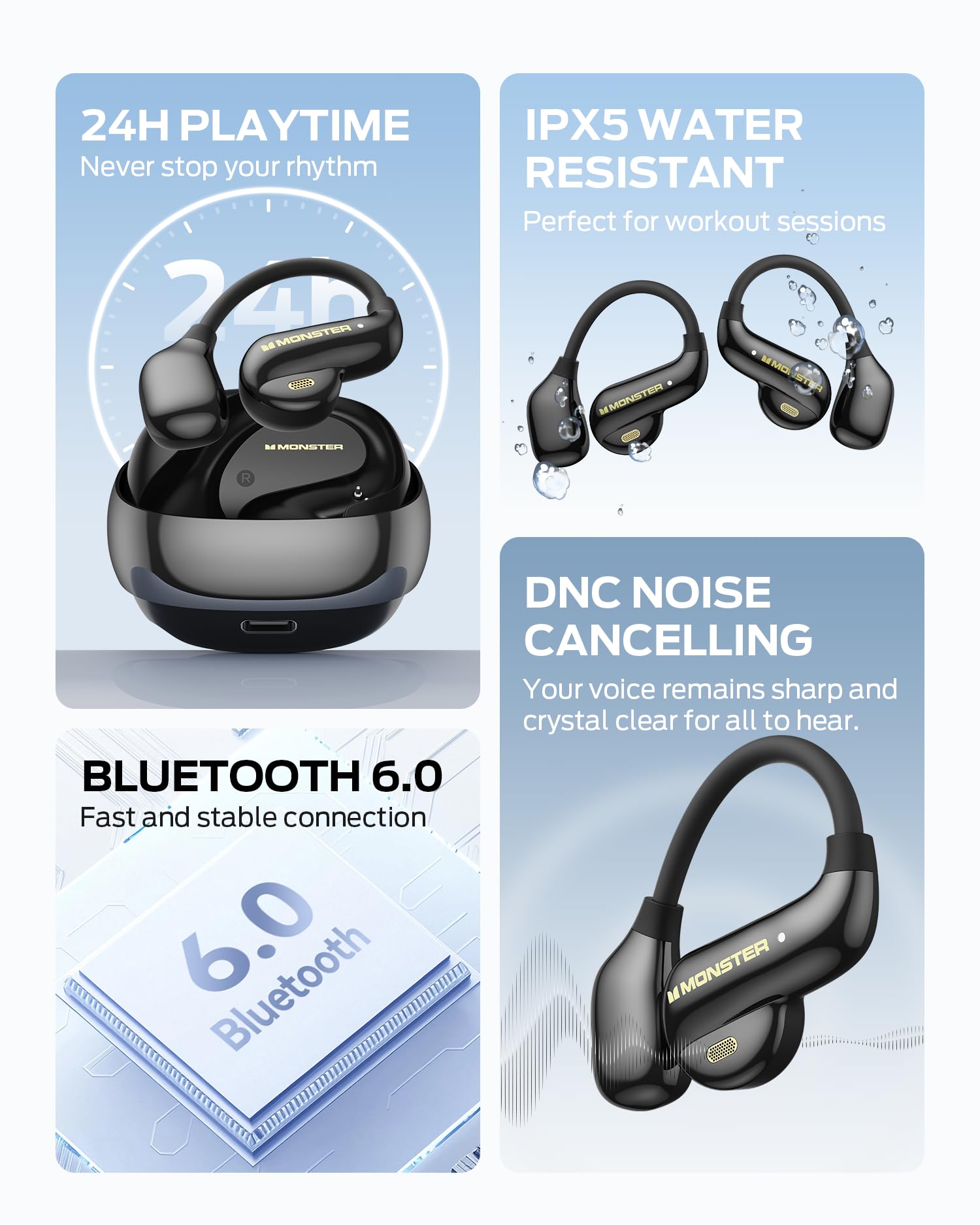 Monster Open Ear AC390 Headphones, Bluetooth 6.0 Earbuds with Stereo Sound, Wireless Headphones 24H Playtime, IPX5 Waterproof, Rotating Charging Case with Lanyard, Ultra-Light Open Ear Earbuds Black - 5