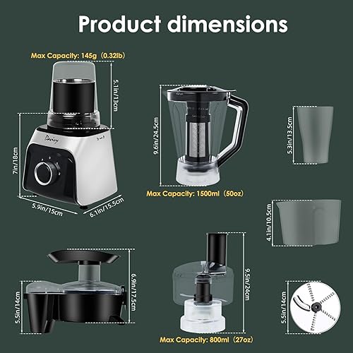 Miniatura 5 de Davivy Mezclador de procesador de alimentos, exprimidor centrífugo, procesador eléctrico de alimentos 3CUP, licuadora de batidos de 50 onzas,