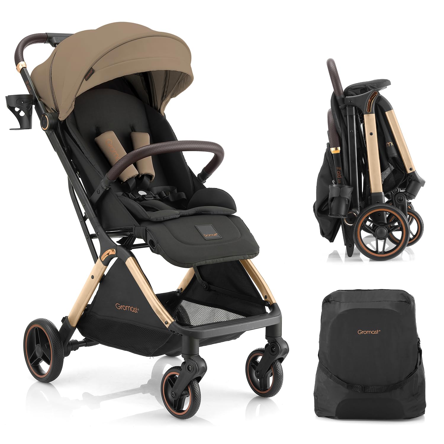 Gromast Gravity Passeggino pieghevole da viaggio portatile con schienale regolabile e tettuccio parasole, leggero e protetto dai raggi UV, pieghevole con una sola mano, Golden