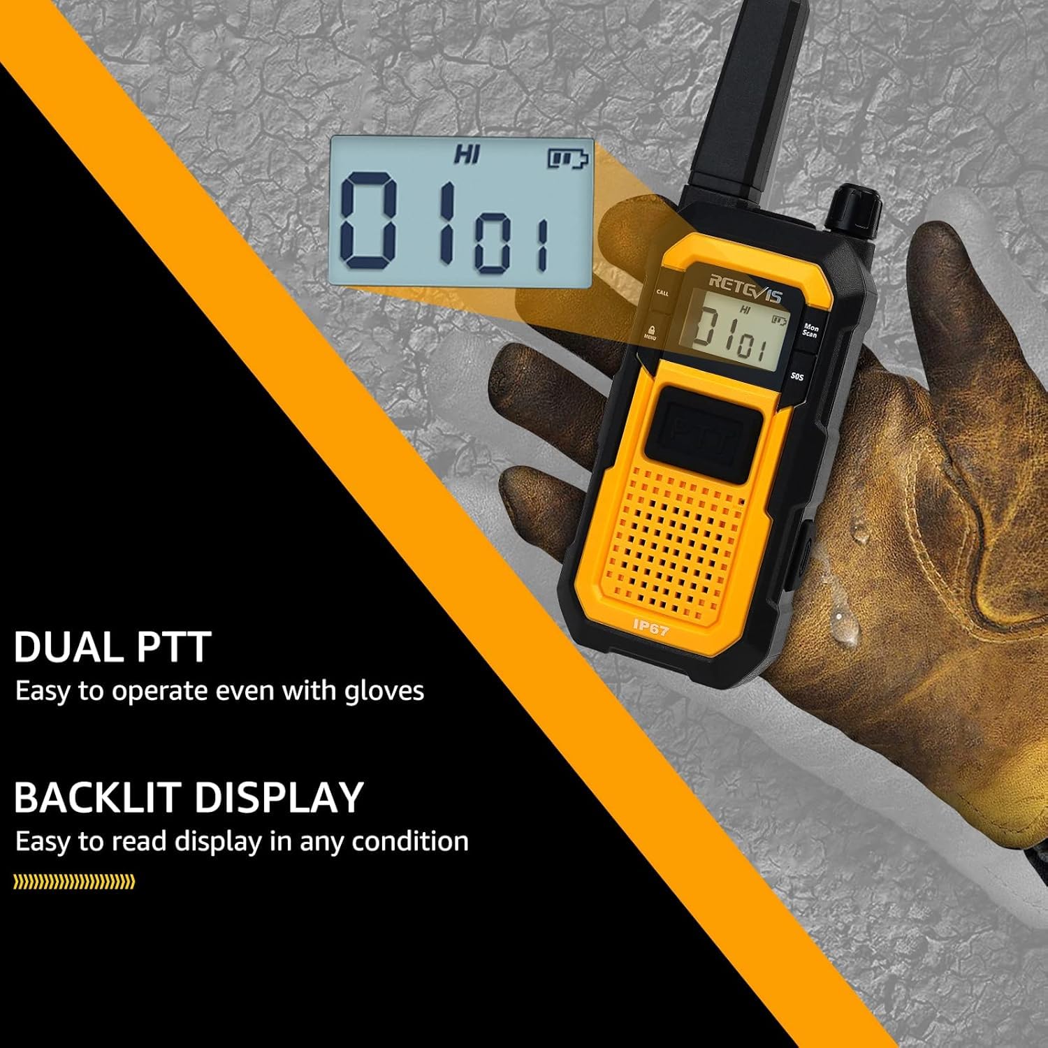 Retevis RB648 Walkie Talkie Robusto, Radio Bidirezionale Impermeabile IP67 | Antipolvere, Resistente alle Cadute, SOS Vibrazione PMR Walkie-Talkie per Ambienti Industriali Difficili(10 Pezzi, Giallo)