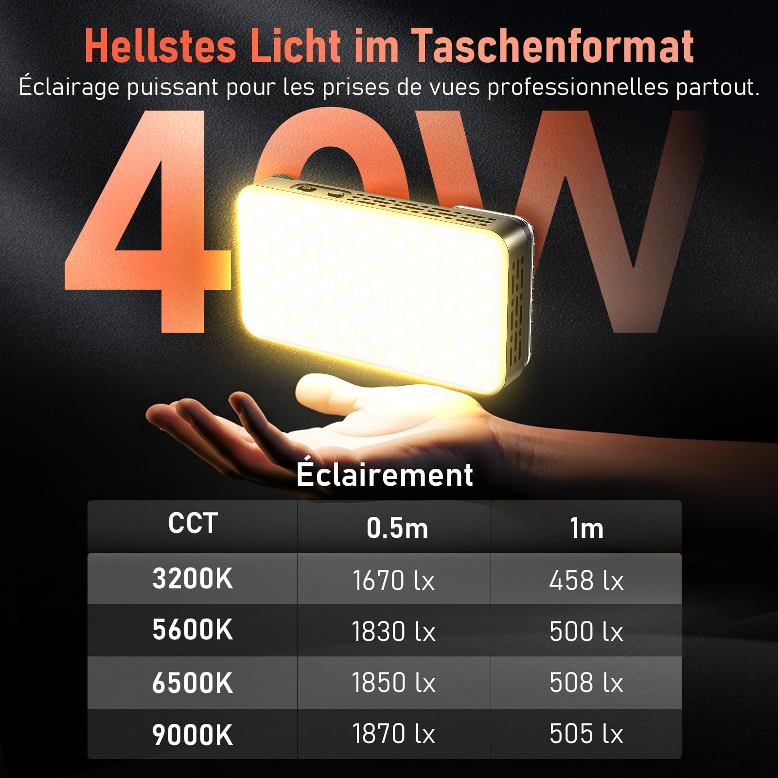 Rollei LUX Compact 40W RGB Led Videoleuchte mit Eingebautem Akku