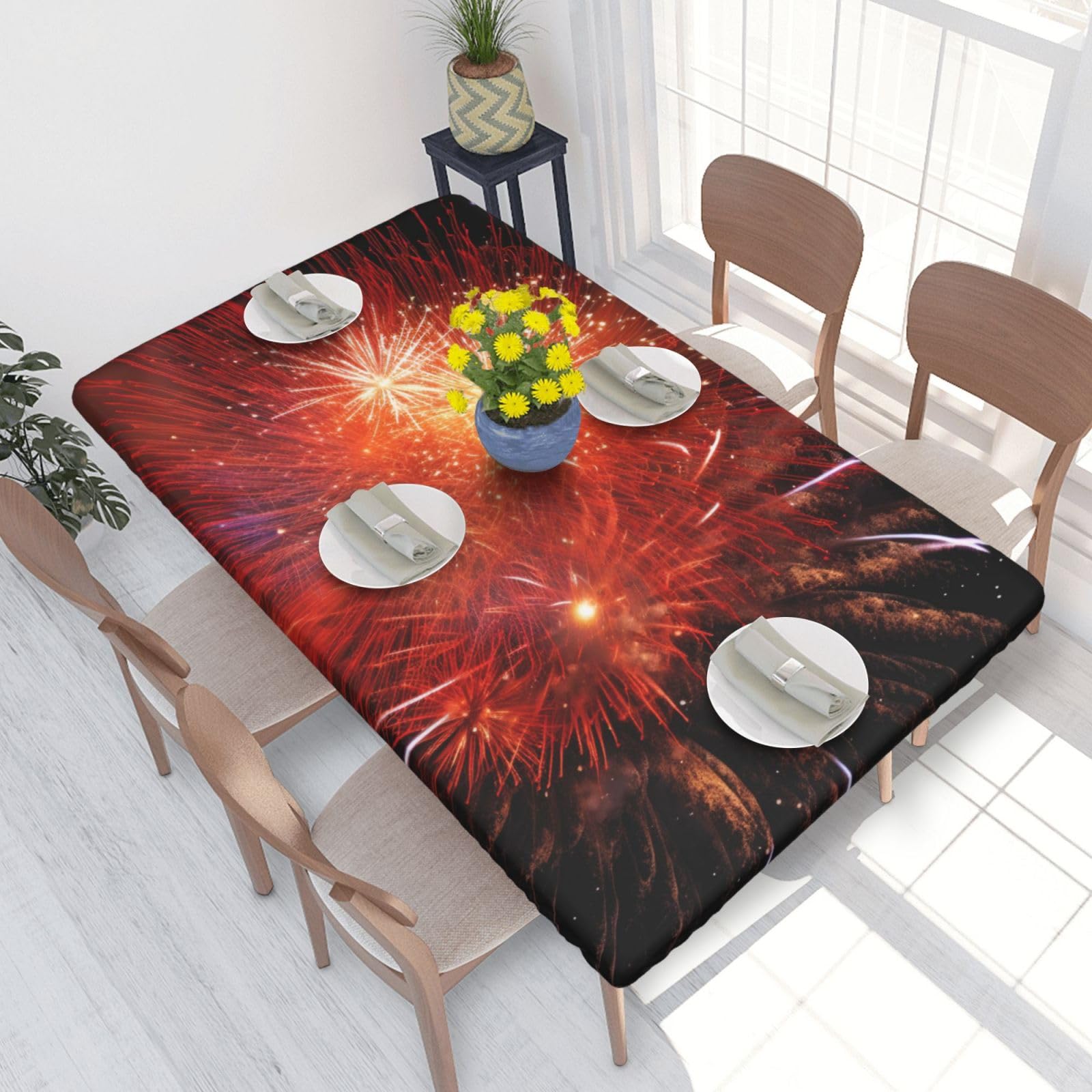 DCARSETCV Explosion Firework 3D Printed 4FT Waterproof Tablecloth with Elastic Edged Protect & Decor Your Table, Oil-proof Washable Table Cloth Cover for Dinner Picnic Party