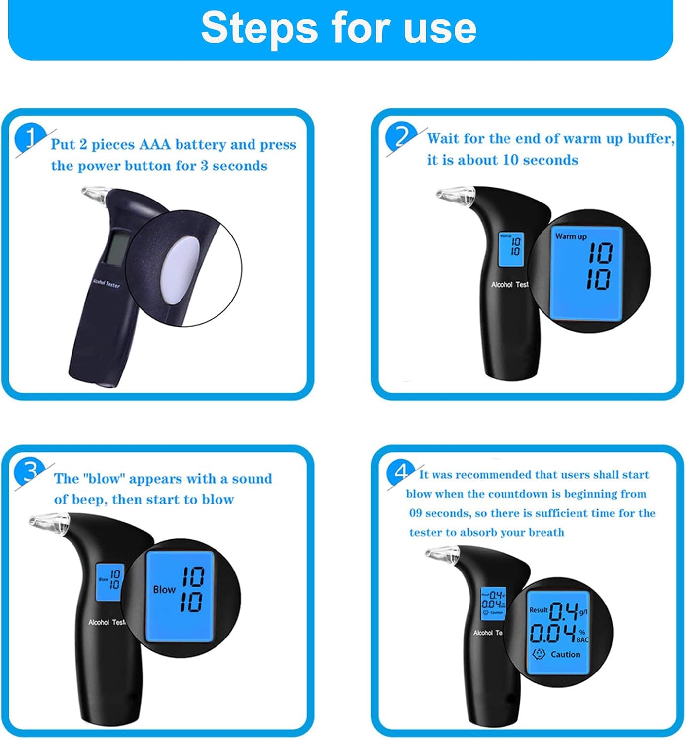 Breathalyzer with LCD Digital Display, Portable Alcohol Tester Includes 12 Reusable Mouthpieces(Blue)