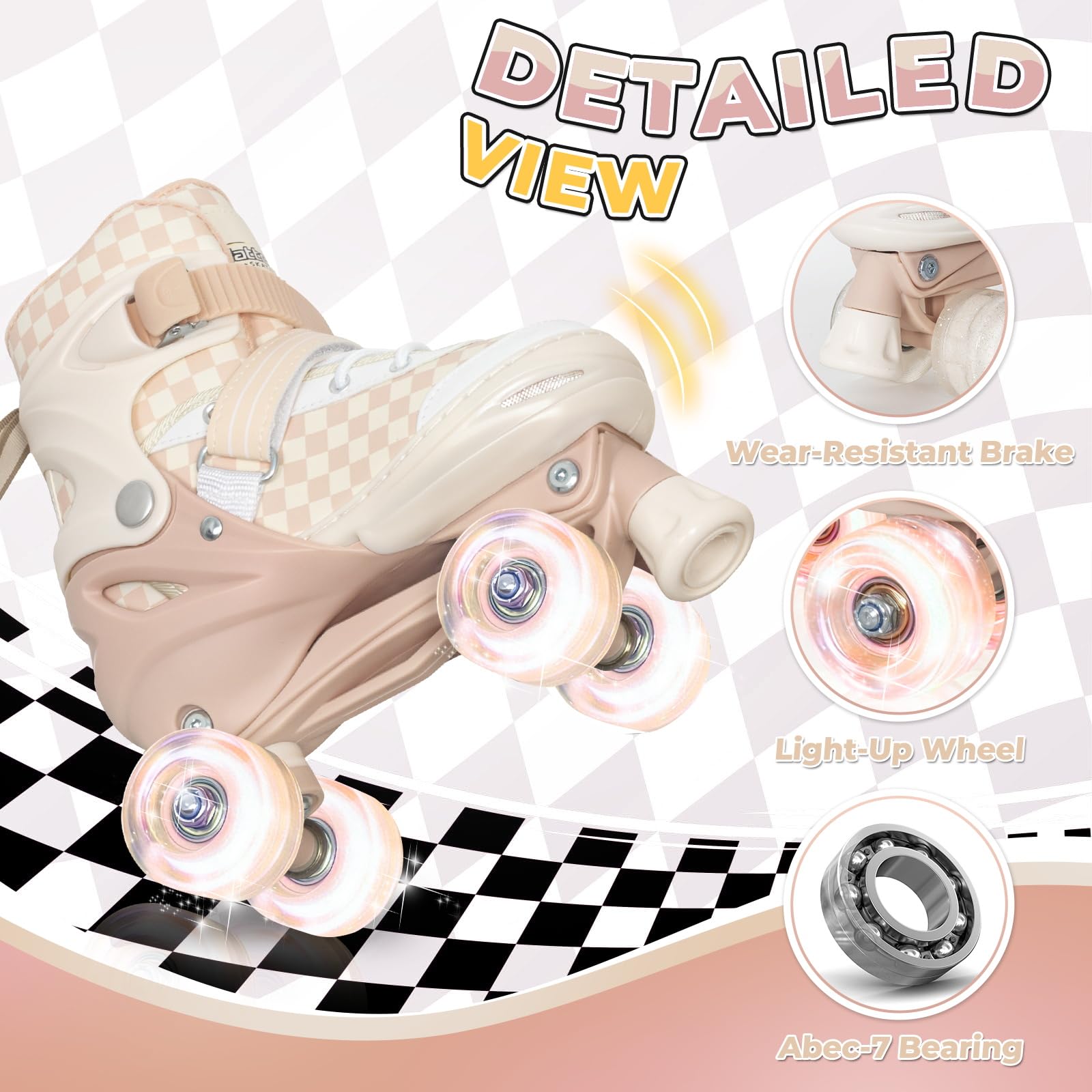 Nattork Verstellbare Rollschuhe für Kinder und Jugendliche, leuchtende Räder, Rollschuhe mit Schachbrettdesign für Jungen und Mädchen