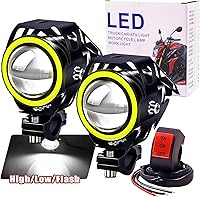 Vista 13 de Ourbest Luces antiniebla para motocicleta con interruptor, 12 V/24 V, 3 pulgadas, luz auxiliar de halo para ATV, scooter, camiones, luces Amarillo