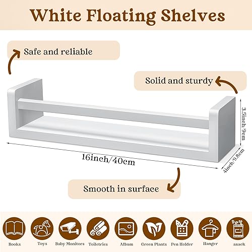 Miniatura 2 de Kigley 6 estantes de pared para libros de guardería, estantería de pared para habitaciones de niños, estantes flotantes blancos montados en la
