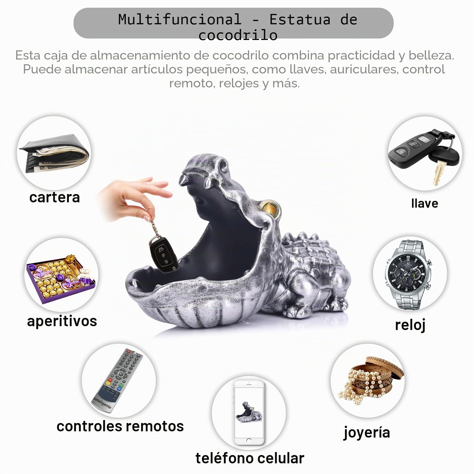 LCCCK Plato para caramelos de cocodrilo, divertido cuenco para llaves de estatua de cocodrilo para mesa de entrada, escultura de boca grande plateada, cuenco de caramelos de hipopótamo extraño, para
