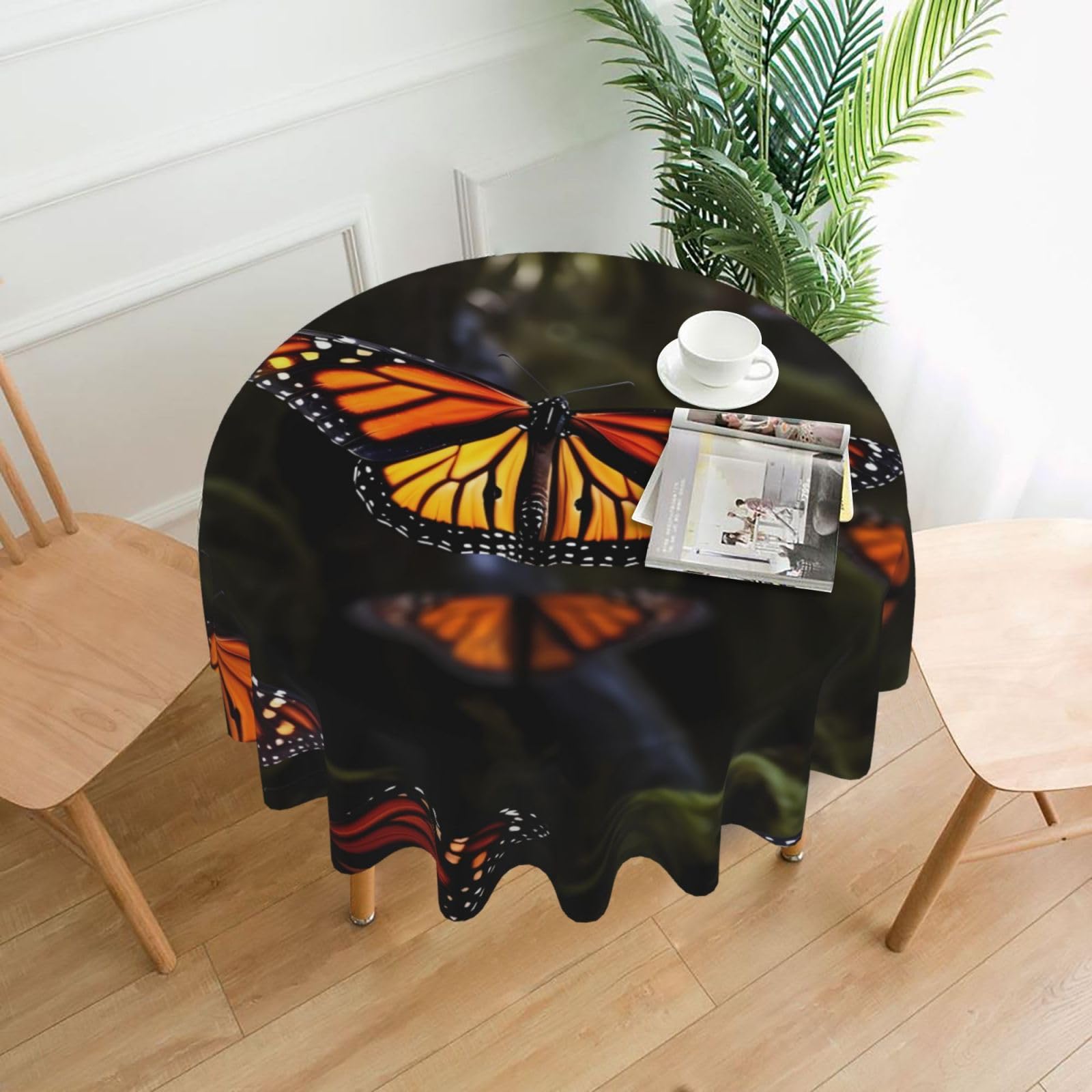 Fodpand Black Monarch Butterflies Tablecloths For Round Tables 60 Inches - Reusable And Washable Kitchen Table Clothes Decorative Table Cover For Dining Tables, Buffet Parties, Wrinkle Resistant
