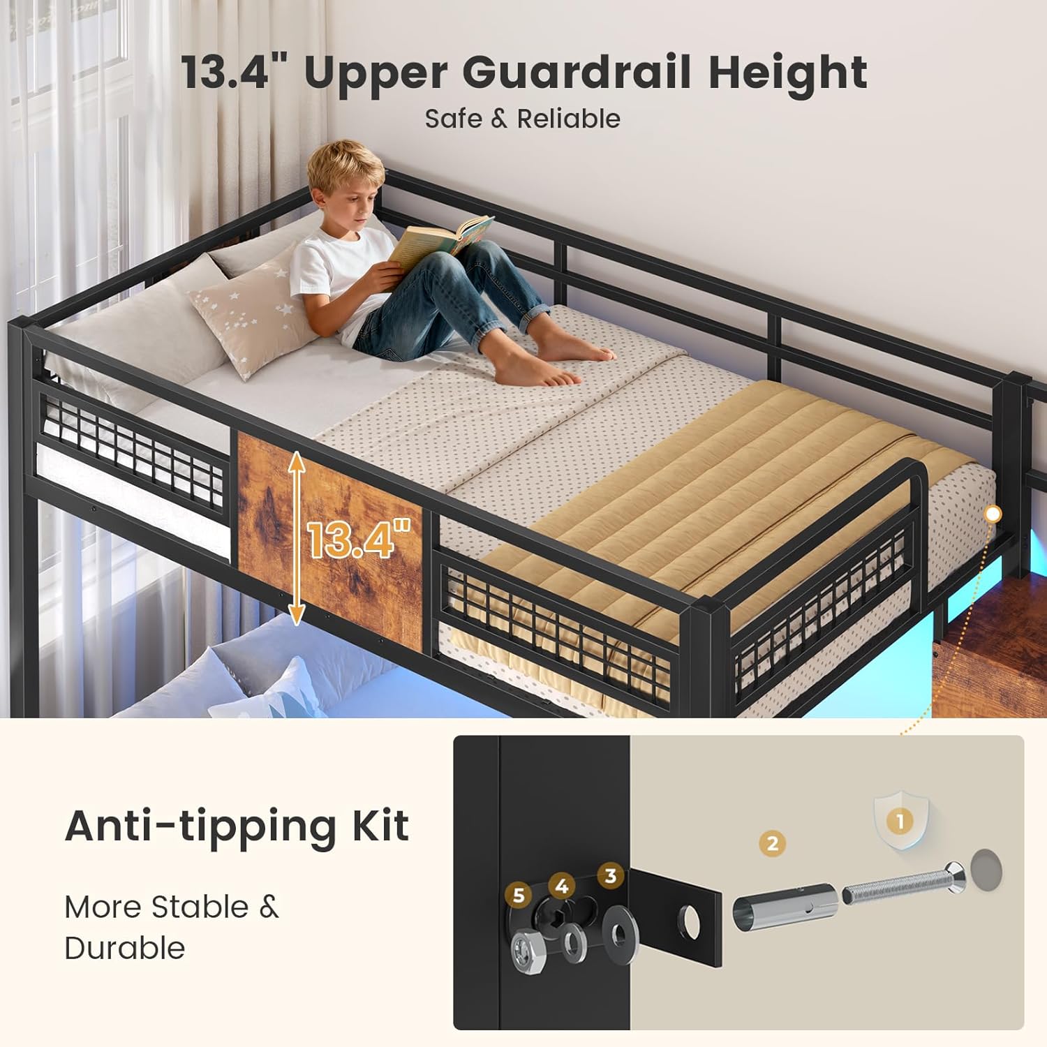 Bunk bed with LED lights, remote, and app control interface