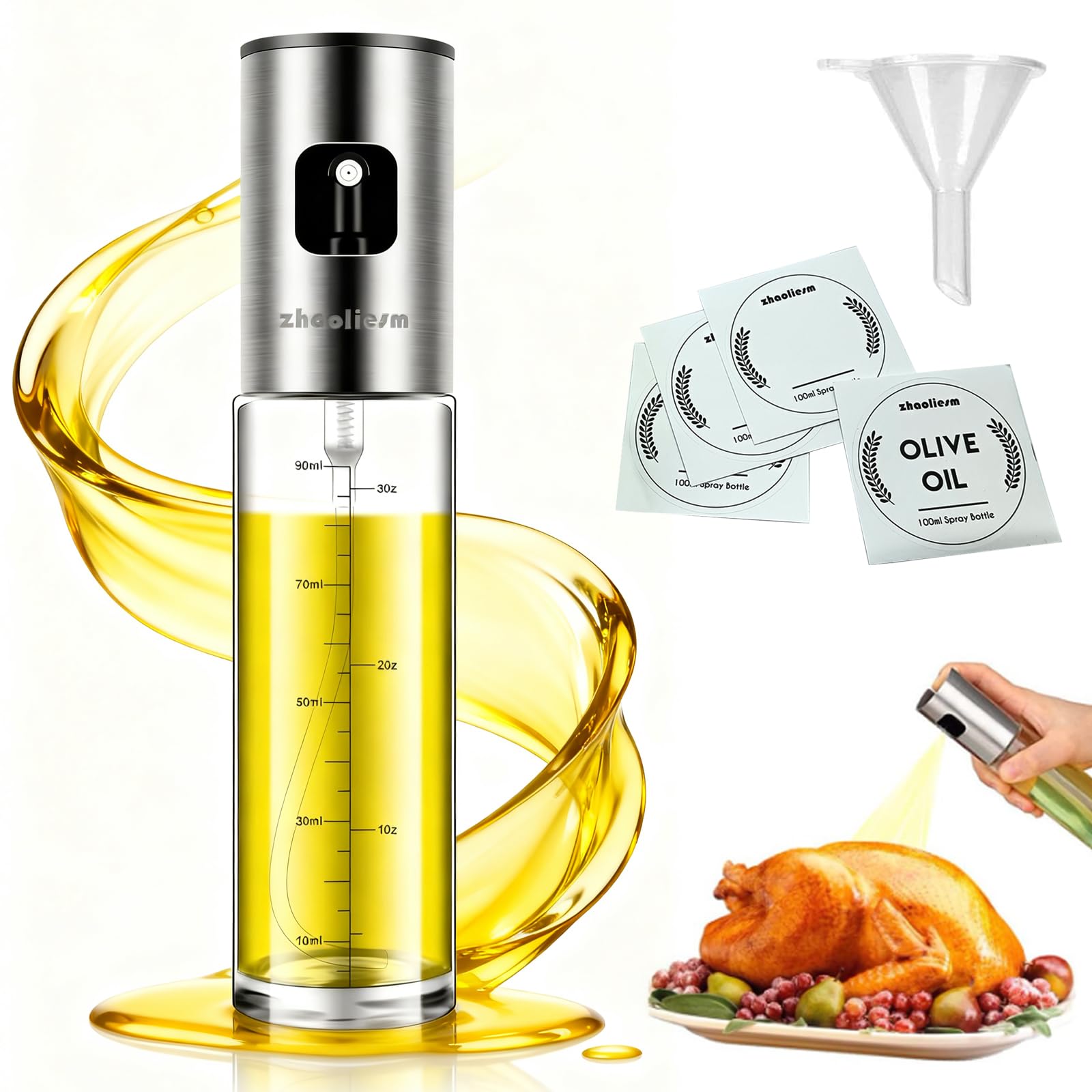 Oil Sprayer for Cooking, Olive Oil Sprayer Mister with Scale, 100ml Olive Oil Spray Bottle, Air Fryer Vegetable Vinegar Oil Portable Mini Kitchen Gadgets for Baking, Salad, Grilling, BBQ, Roasting