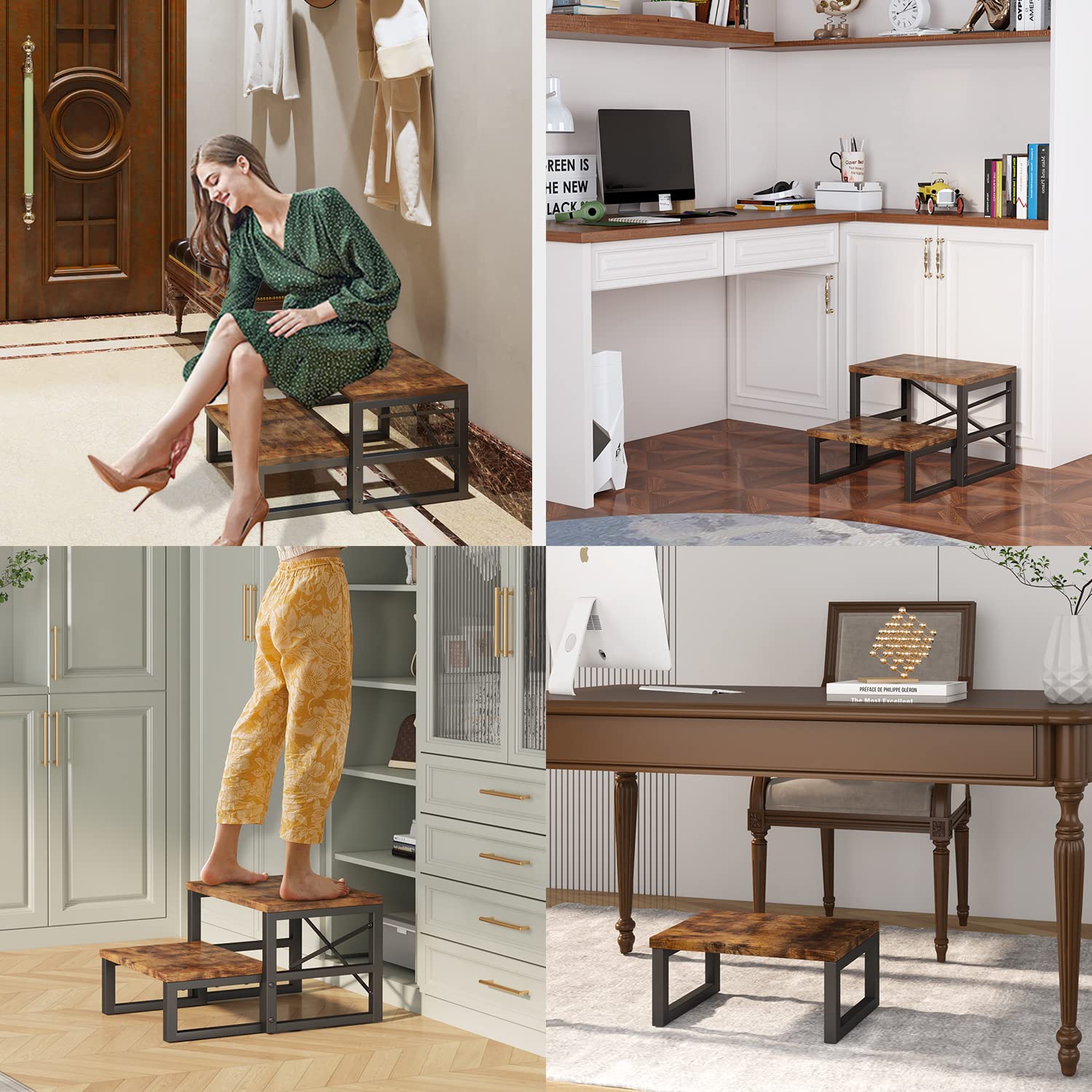 Homeiju 3 in 1 Step Stools for Adults Kids Toddler, Heavy Duty Wooden Step Stool with Non-Slip Pads, 2 Tire Step Stool for Kitchen Bathroom Bedroon Stepping Stool, Detachable Holds up to 400lb