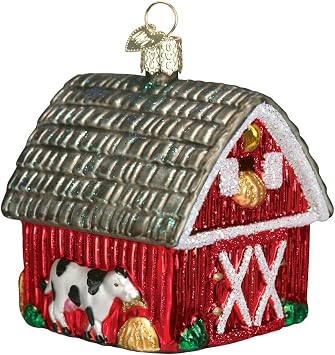 Old World Christmas Barn with Farm Animals Glass Blown Ornament for Christmas Tree, Handcrafted Holiday Decoration, Farm Animal Collection