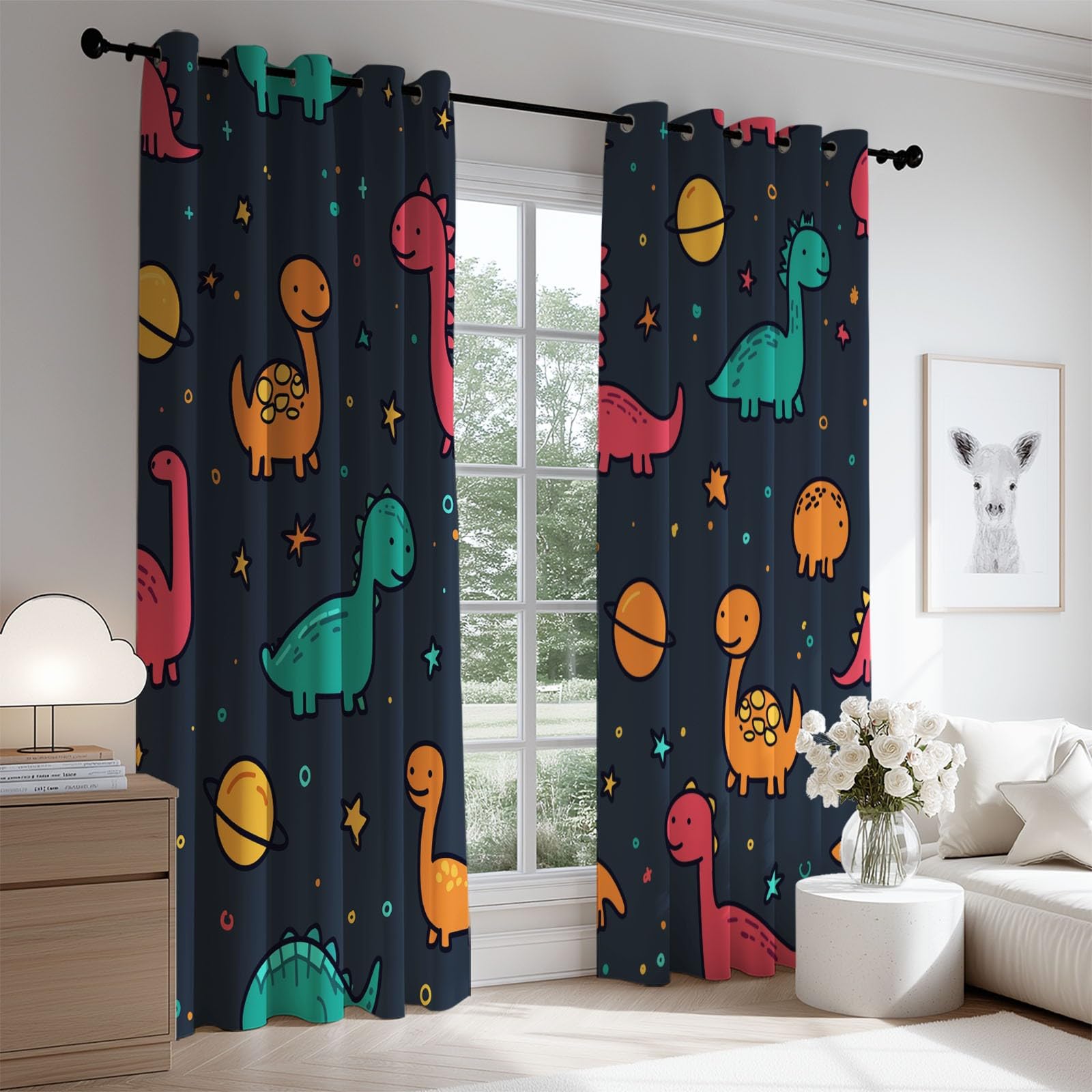 Générique Rideaux en Rideau Occultant Thermiques Rideaux à Oeillets Cartoon Space Dinosaur Planet Galaxy Stars Blue Kids Pattern pour Chambre Salon 2 Panneaux 117 x 229 CM