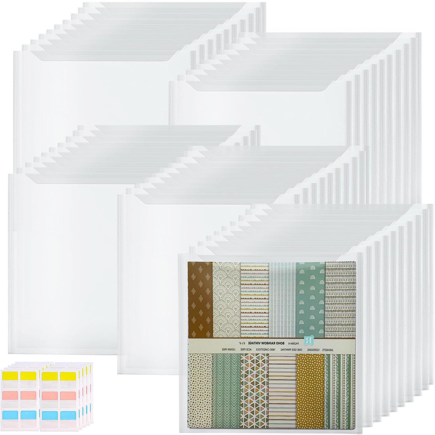 60 Pcs 6x6 Inch Clear Scrapbook Paper Storage with 60 Pcs Sticky Index Tabs - Airtight Plastic Craft Organizer for Scrapbook Paper, Cardstock, Vinyl Sheets & Cookie Stencils