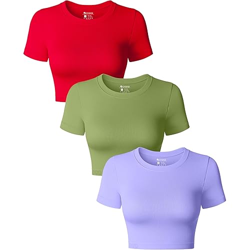 OQQ Women's 3 Piece Crop Tops Crew Neck Shorts Sleeve Stretch Fitted Shirts Crop Tops