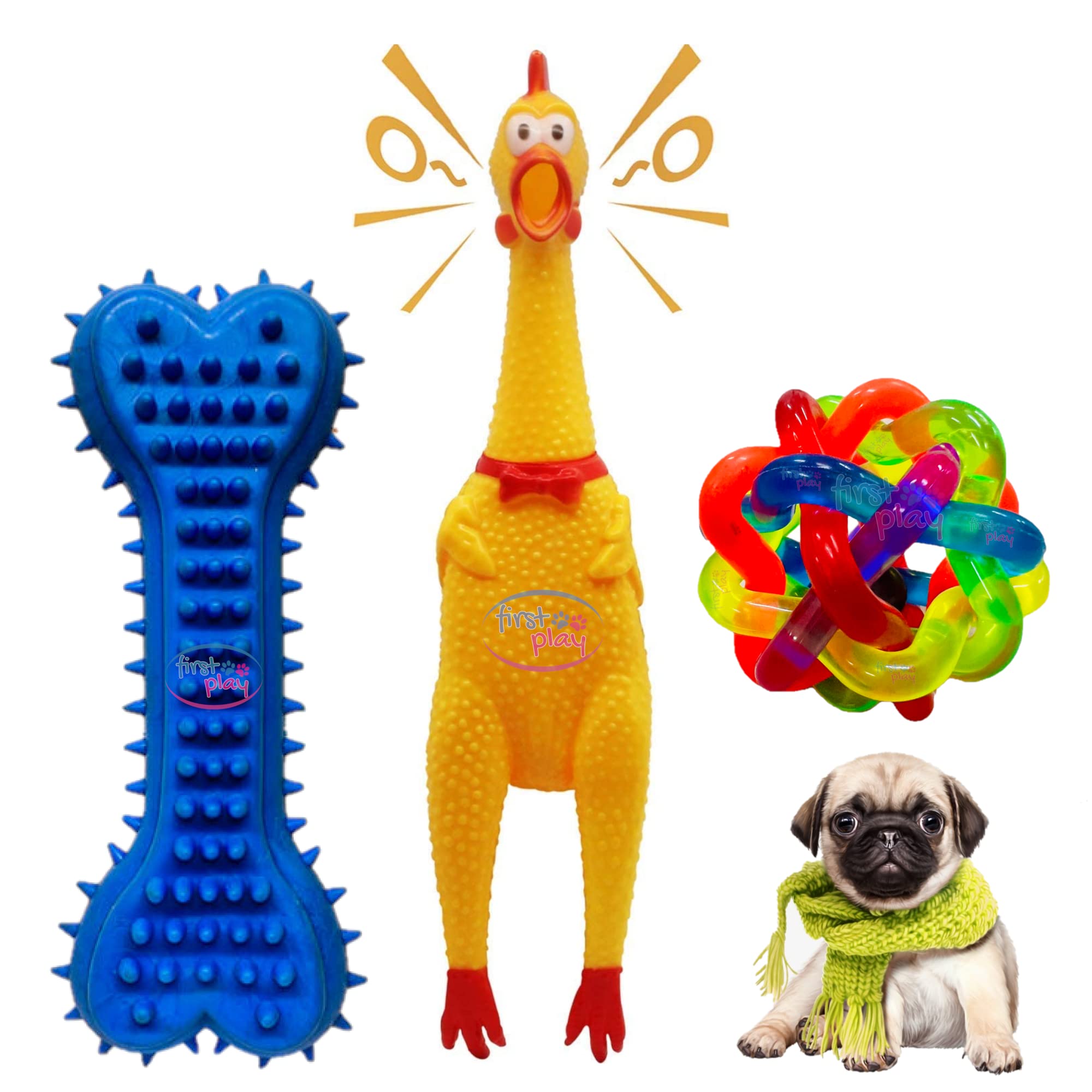 First Play Pack of 3 Dog Toys I Squeaky Chicken + Dog Ball + Spike Bone for Dogs I 100% Natural Rubber I Safe & Non-Toxic Chew Toys for Dogs, Teething & Dental Cleaning for Puppies/Dogs (B0BN3TZPBN) Amazon Price History, Amazon Price Tracker