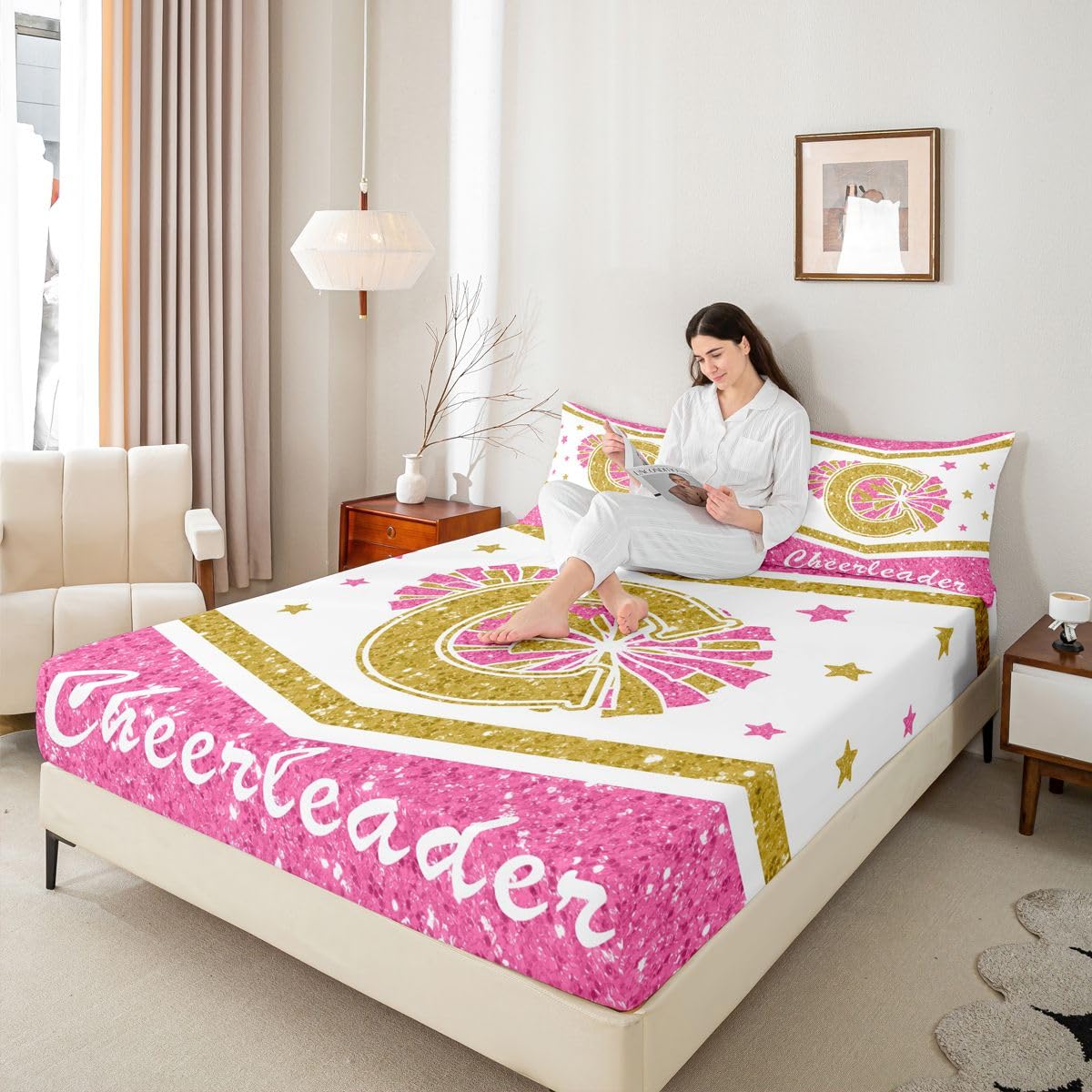 Juego de sábanas con inicial de letra C, sábana bajera ajustable con estampado de lentejuelas para animadoras ultrasuaves, decoración de habitación, tamaño King (sin sábana encimera)