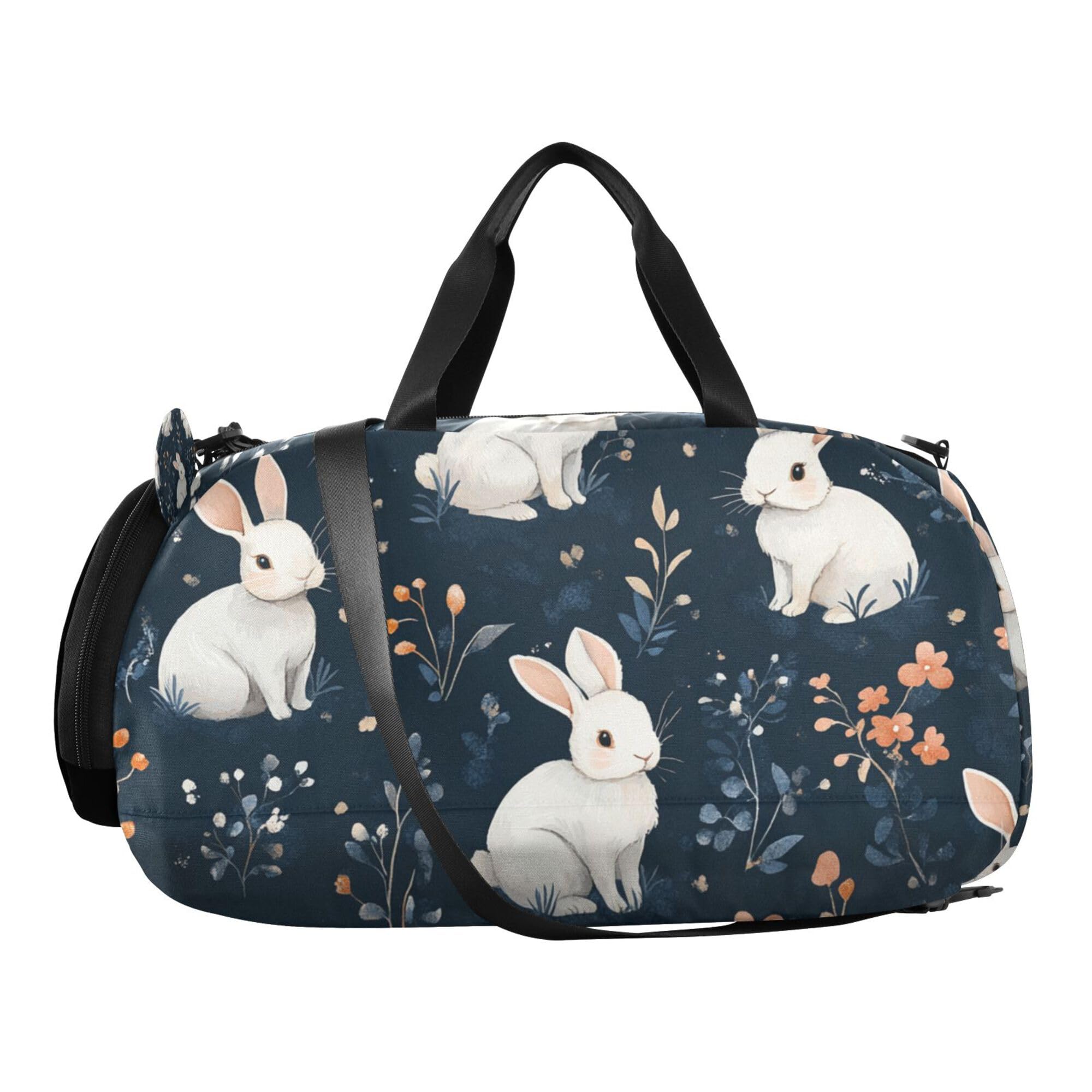 Glaphy Cute Rabbits Flowers Duffle Bag for Toddler Boys Girls, Gym Sports Bag with Shoe Compartments, Kids Travel Overnight Weekender Shoulder Bag