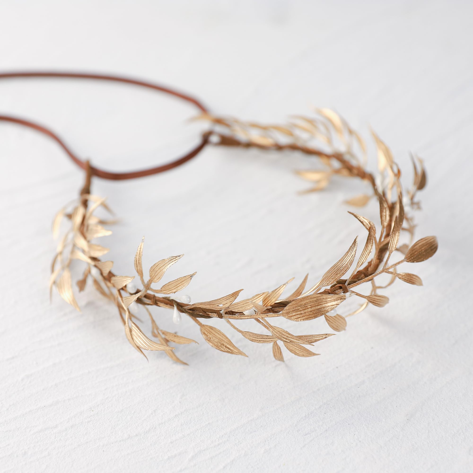Golden Fairy Flower Crown Headband Floral Hair Wreath for Women Girls Cosplay Handmade Woodland Flower Crown Headband for Wedding  main image 4