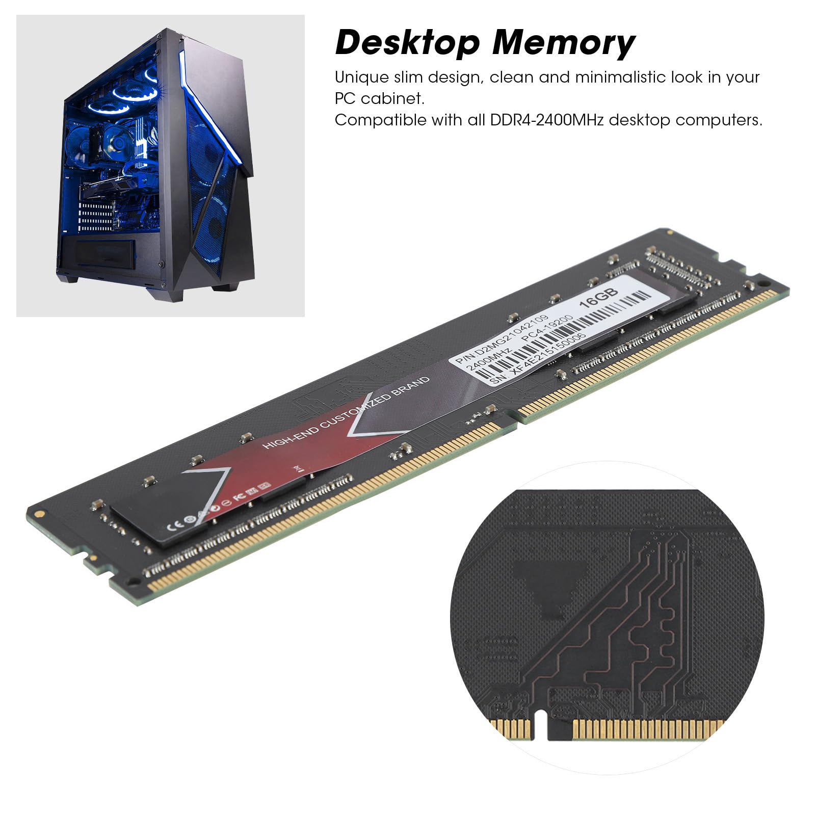 Pamięć RAM DDR4, Smukła, Aluminiowa, Wysokowydajna pamięć Stacjonarna PCB, DDR4 2400 MHz PC4 19200, z łatwą instalacją (16 GB)