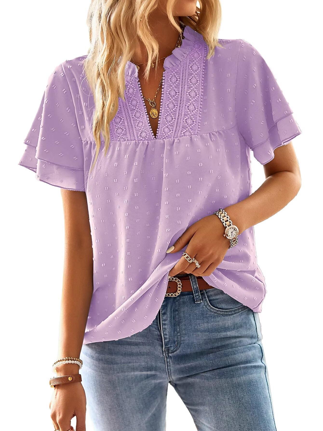 TUUHAW Top Damen Sommer Boho Bluse Kurzarm Oberteile Fließend Elegant V-Ausschnitt T Shirt Lässig Outfits Spitze Kleidung