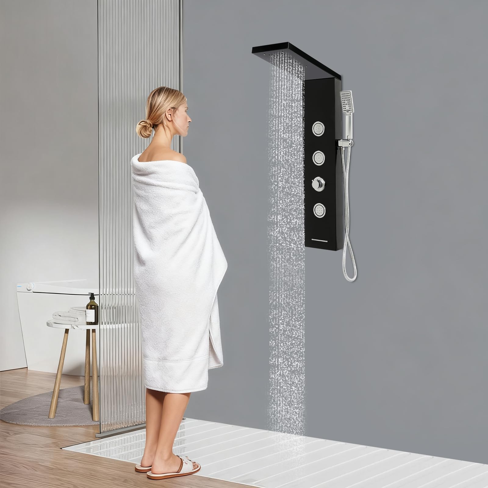 Panel de ducha con grifo, columna de ducha con iluminación LED, 3 chorros de masaje, sistema de ducha multifuncional de acero inoxidable, ducha de mano y ducha cascada (negro)