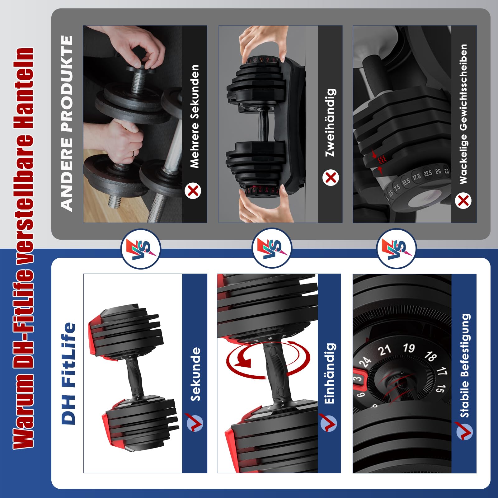 DH FitLife Verstellbare Kurzhantel 18/24 kg, 12 Gewichtsstufen, 12 in 1 Hantel, Einzelhantel oder Hantelset, Adjustable Dumbbell für Krafttraining zuhause