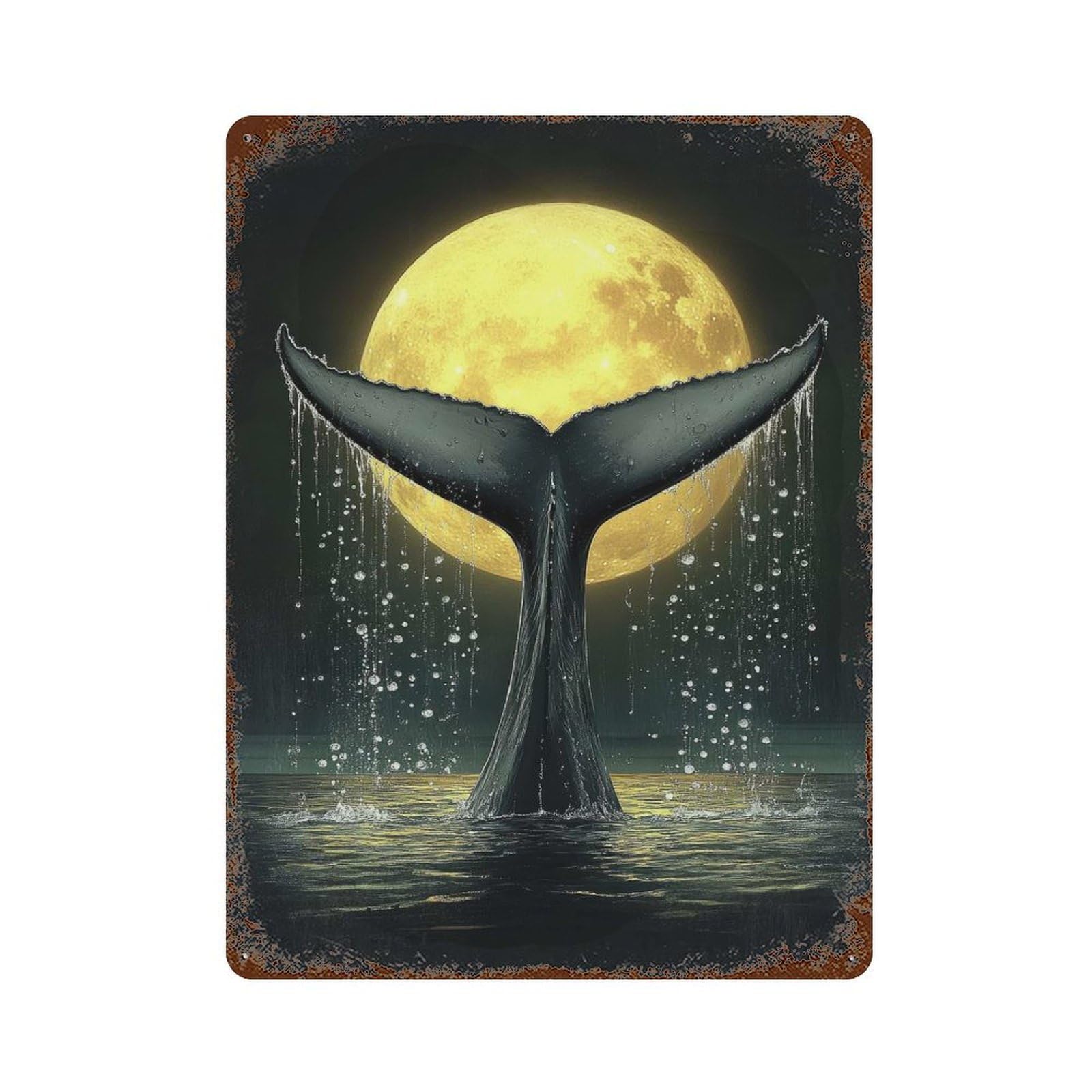 Rust Effect Whale Tail And Moon Rusty Metal Tin Sign 15.7"x11.8", Old School Wall Decor for Cafe, Home Bar And Lounge Decor