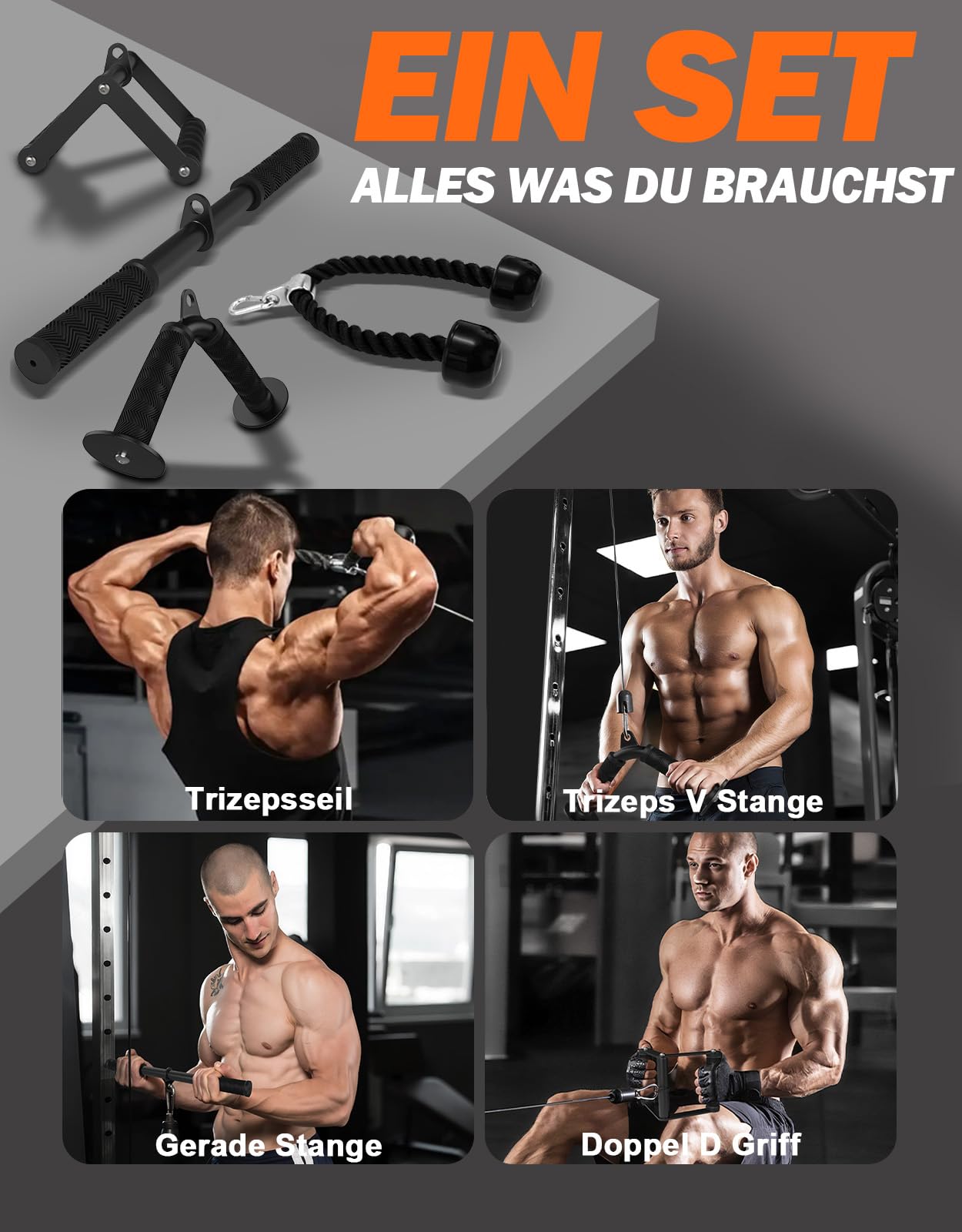 Fitarc Kabelmaschinen-Zubehör Set, Lat Pulldown Zubehör für Heimfitnessgeräte, Trizeps-Zuggriff für Heimfitness-Zubehör, Lat Pulldown Stange und Trizepsseil für Kabelmaschine
