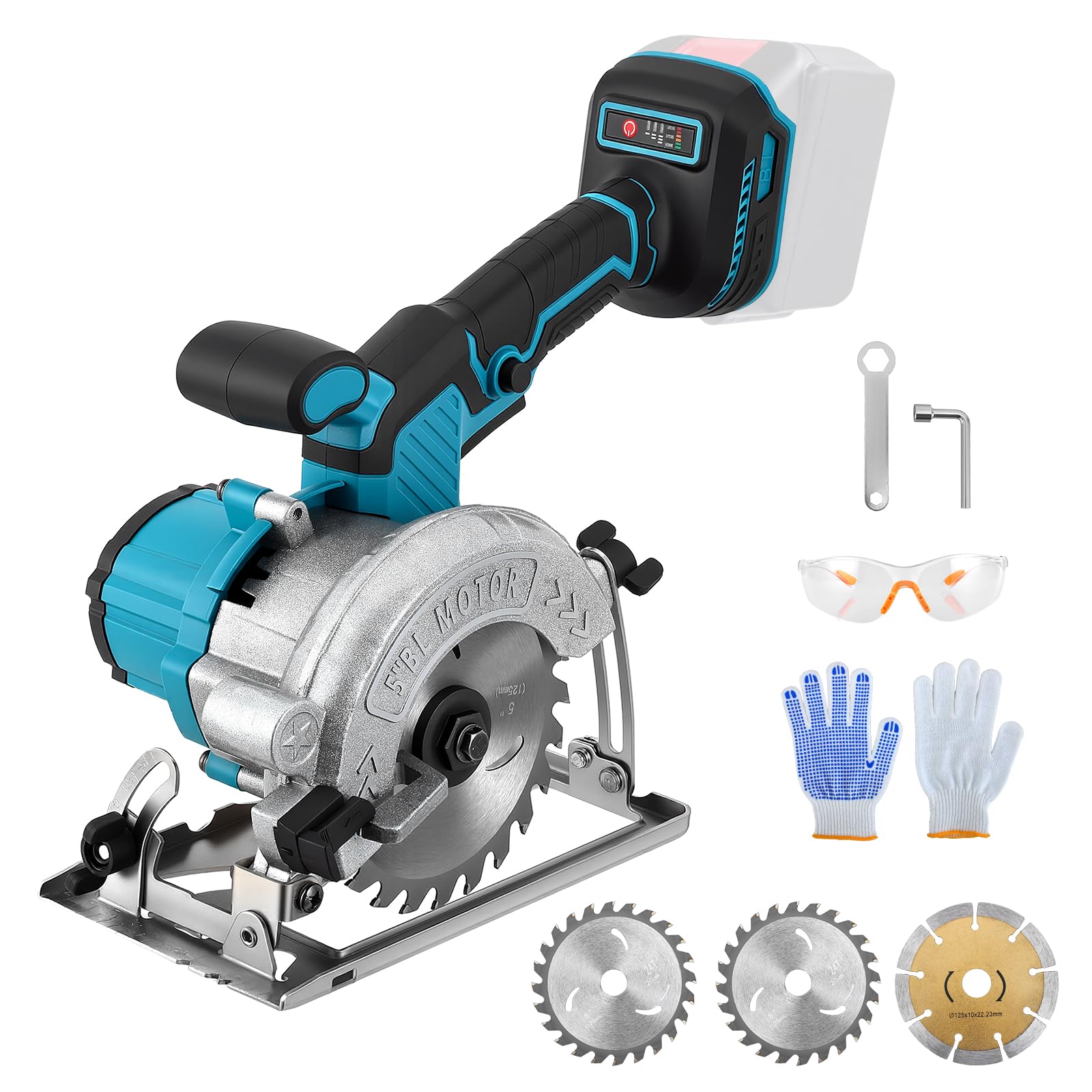 Sierra circular inalámbrica para Makita 18 V, batería de litio, sin escobillas, mini sierra circular 125mm de mano con 3 hojas, Corte 48mm, Inalámbrica para Madera y Bricolaje