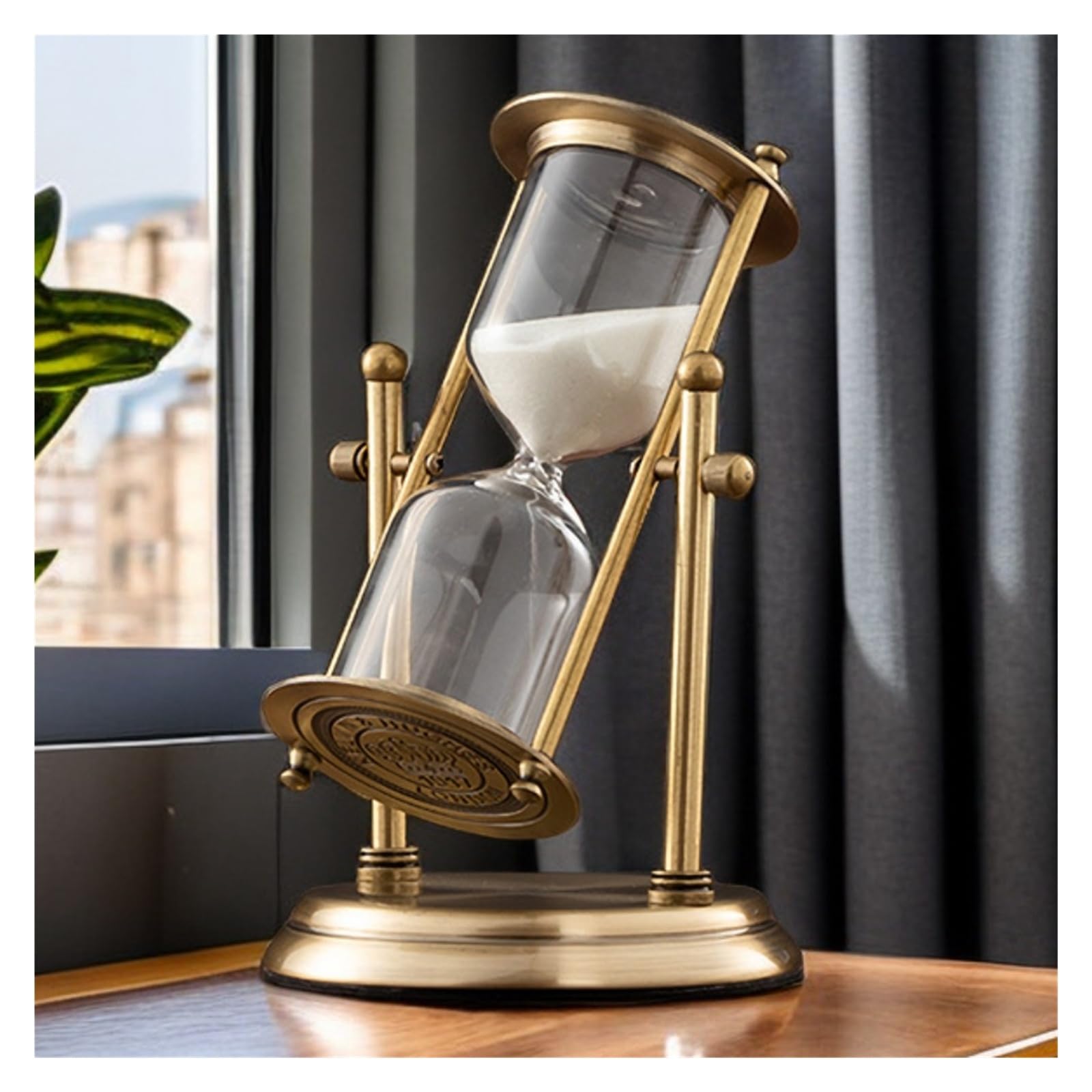 Rotating High-End Hourglass - Temporizador de arena de metal y cristal con corona de latón, decoración de escritorio premium para oficina y estudio en casa, idea ejecutiva (grandes 60 minutos, arena