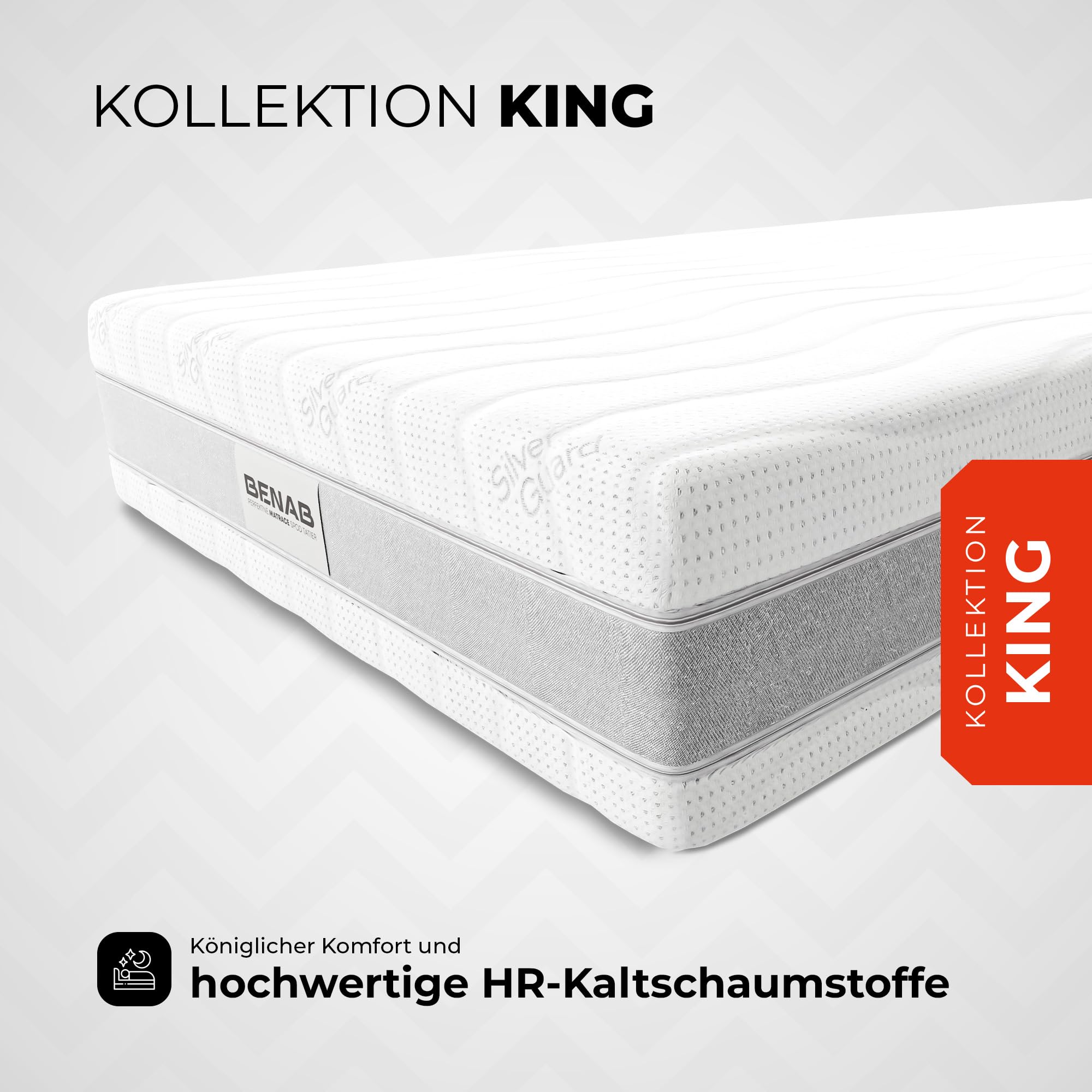 BENAB King ORIGINAL HR Coco Matratze mit Kokos 200 x 200 cm – 22cm Hoch – 7-Zonen Kaltschaummatratze & PUR-Schaum – Härtegrad H3/H4 Wendematratze – Antibakterieller Silver Guard Bezug