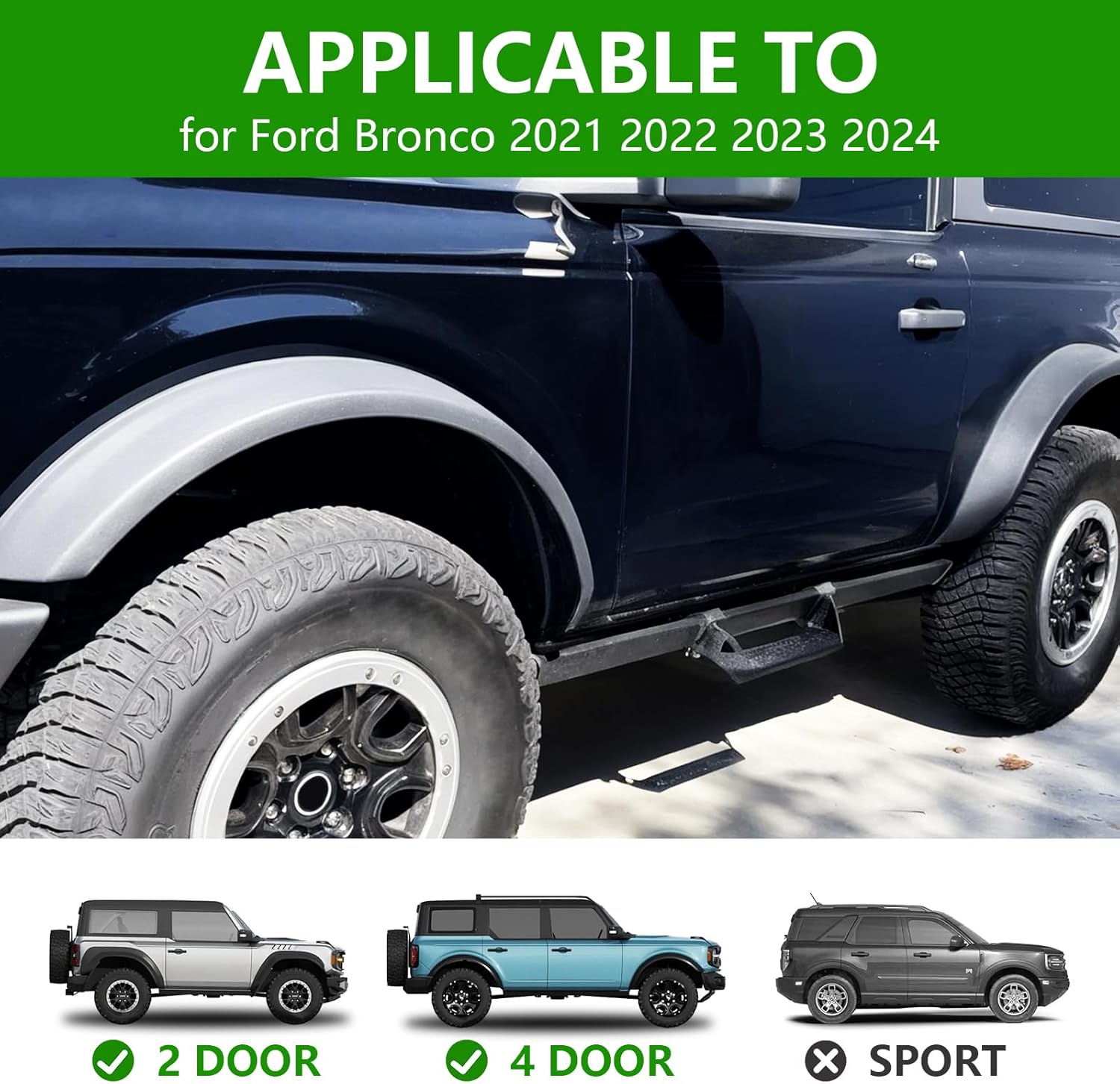 2 Door Add on Running Boards Side Steps for Ford Bronco 2021 2022 2023 2024 Black Side Steps Non-Slip Rust Prevention