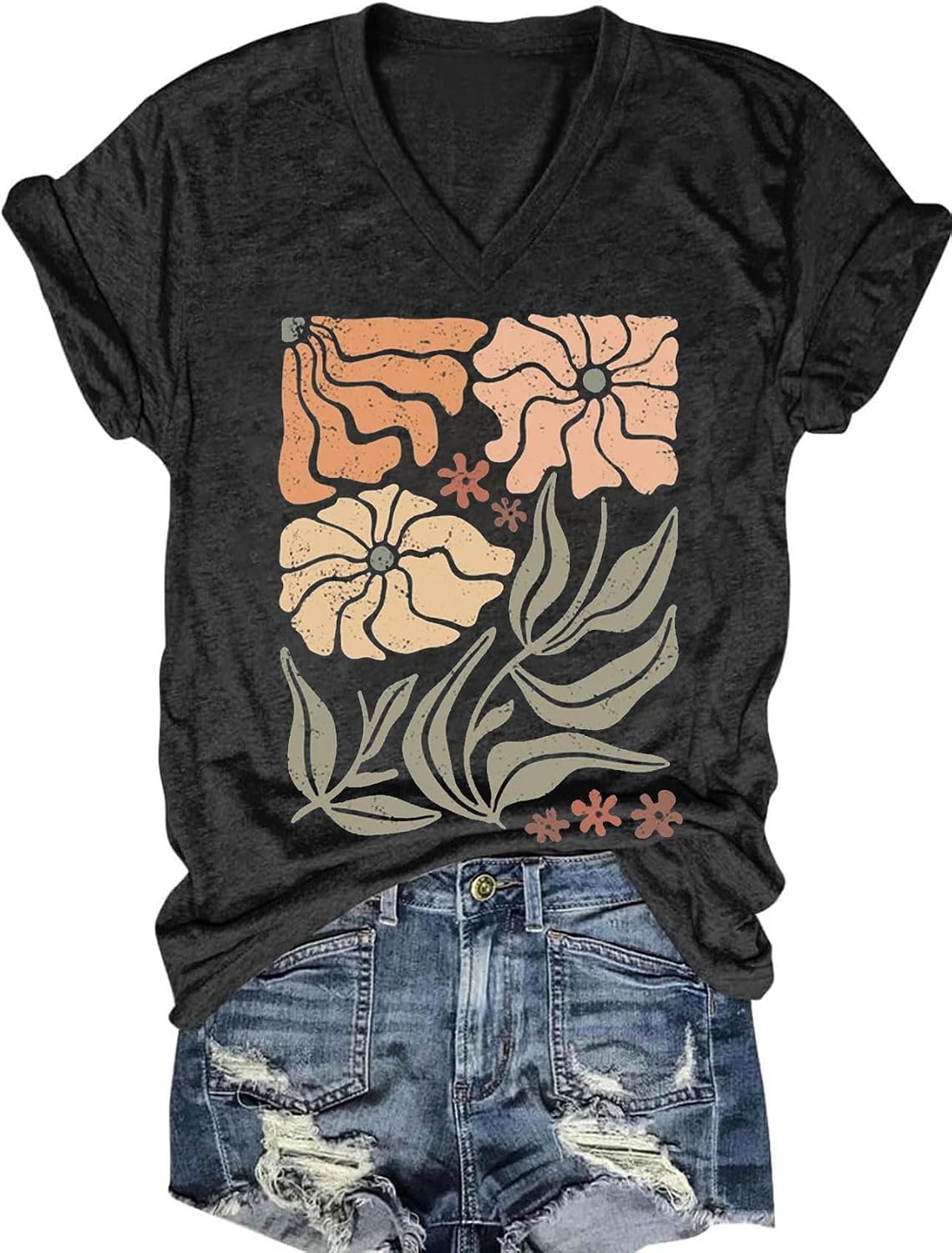 Women's Graphic T-Shirts V Neck Short Sleeve Casual Tops Cute Summer Flowers T Shirt Boho Vintage Tee