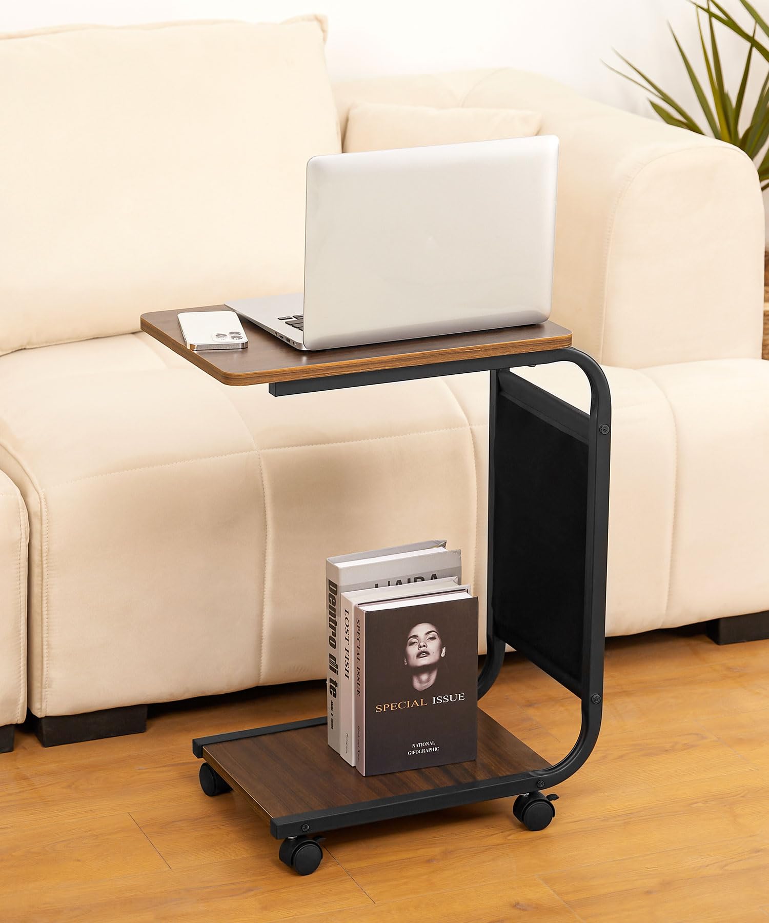Yorbay Tavolino in legno, divano con ruote e custodia, tavolino portatile a forma di C con struttura in metallo, 46 x 30 x 62 cm, tavolino da salotto, caffè e computer portatile