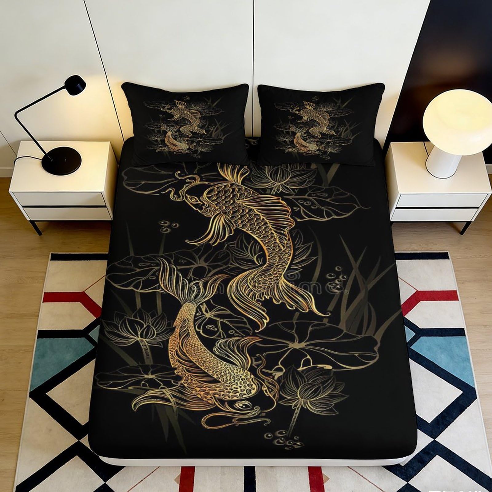 3D Printed Gold Koi Fish Fitted Sheet Microfiber Soft Breathable Dragon Bed Cover for Bedroom Dormitory Guest Room Mattress Protection 90x200x25cm