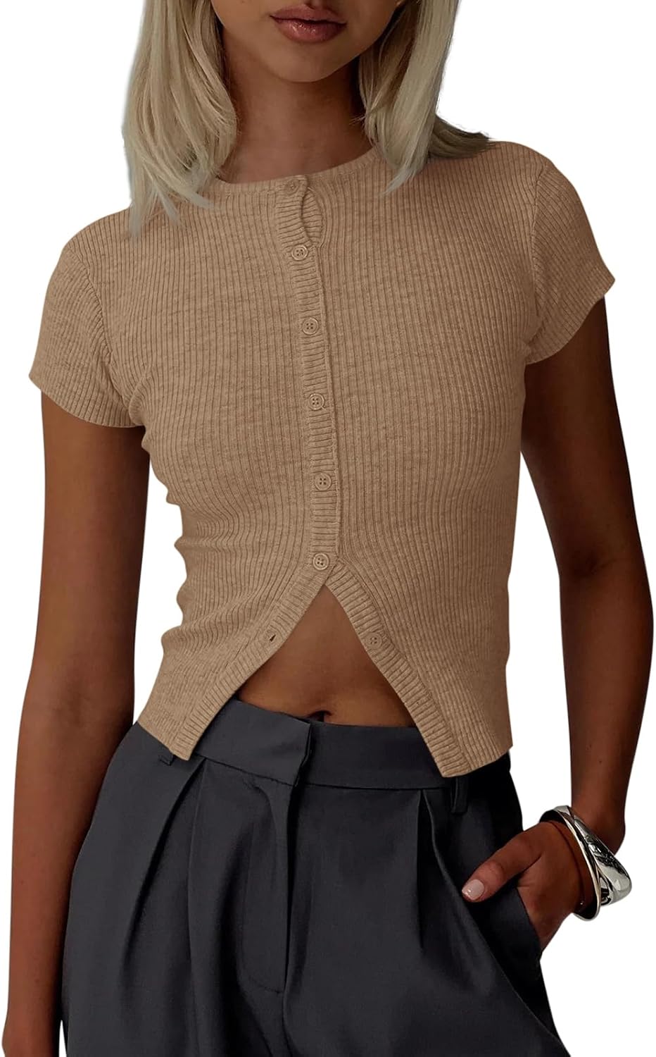 Imily Bela Womens Short Sleeve Sweater Tops Summer Button Down Casual Ribbed Knit Slim Fit Cropped Cardigan Shirts