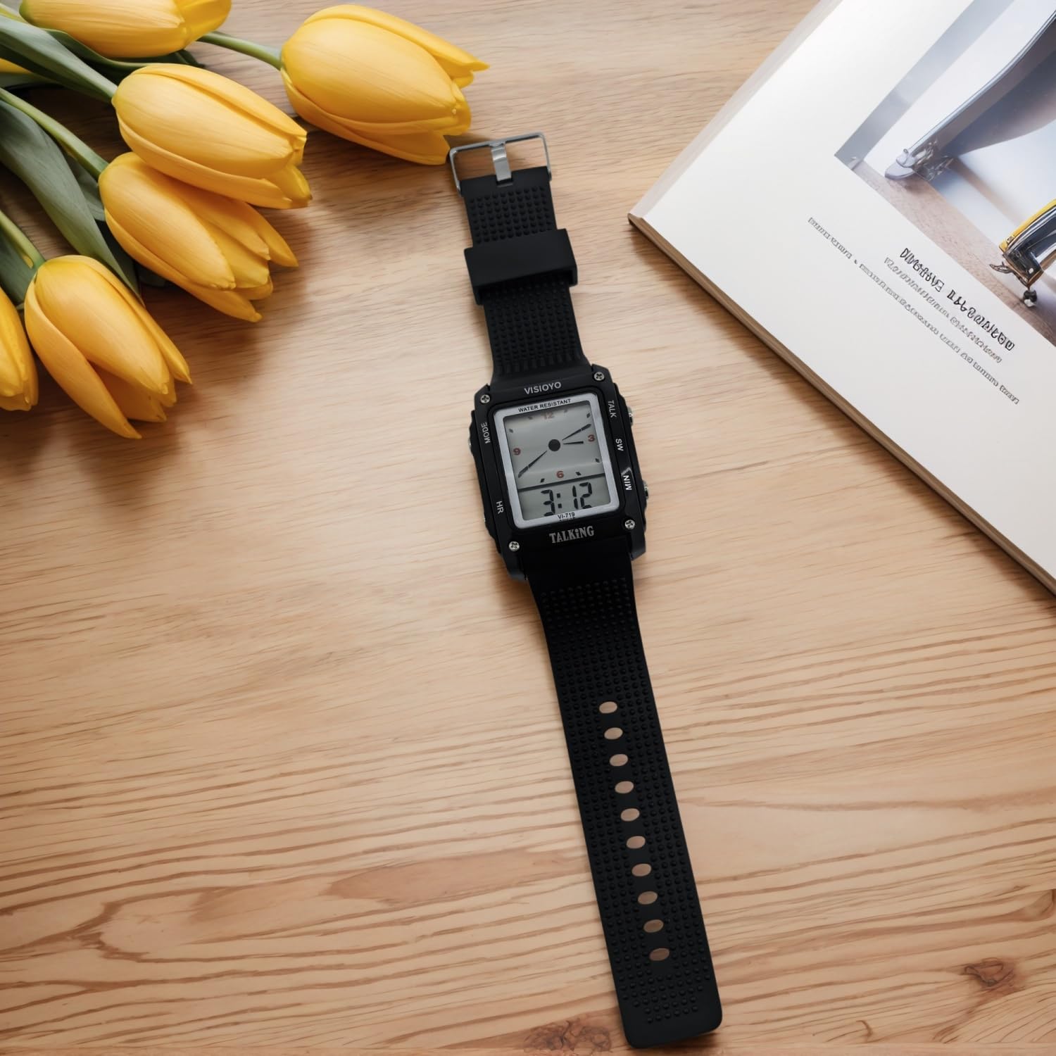 Reloj parlante rectangular analógico digital con alarma, anuncio de voz en español para ancianos ciegos con discapacidad visual VI-719-TS, Negro