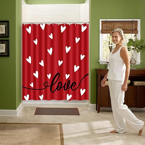 Miniatura 7 de Tieshankao Cortina de ducha de San Valentín para decoración de baño, diseño de amor rojo con 12 ganchos, 72 x 72 pulgadas