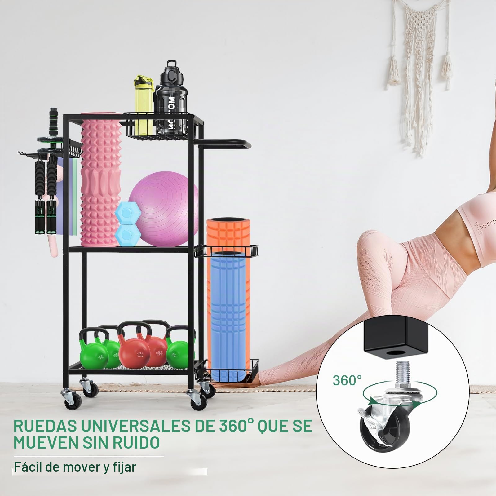 Soporte para equipo deportivo y yoga, 3 niveles de almacenamiento, ruedas y 8 ganchos, para hogar y fitness