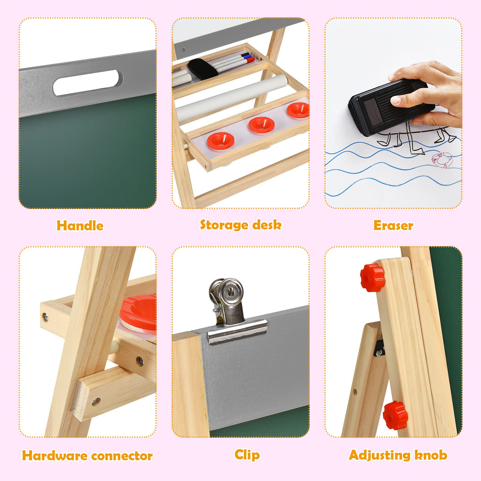 LIFEZEAL Caballete infantil con Pizarra 2 en 1, caballete con doble cara para niños, altura ajustable, tabla de madera plegable, pizarra magnética y pizarra negra con accesorios y estante (gris)