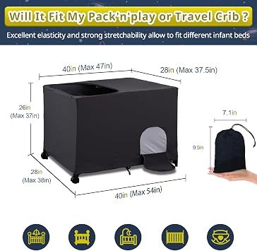 South to East Blackout Cover for Travel Cot, Baby Sleeping Aid, Black | 100% Breathable Stretchy Blackout Canopy for All Travel Cots, Ideal Travel Infant Gear for Baby Sleeping With Carry Bag