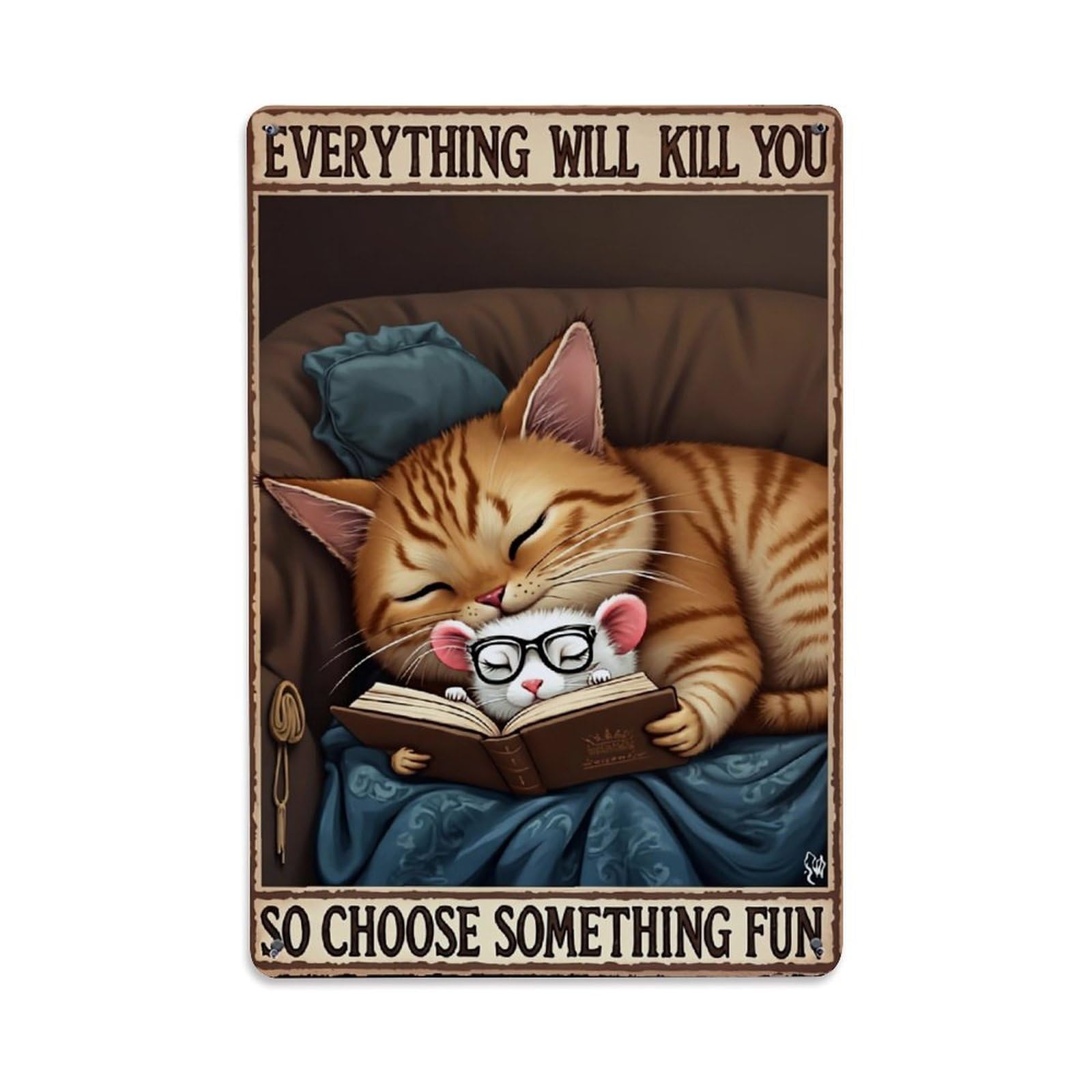 Cat And Mouse Reading Book Retro Metal Tin Sign, Vintage Decor Art Poster for Bar, Home, Man Cave, Kitchen, Laundry Room Gift 8x12Inch