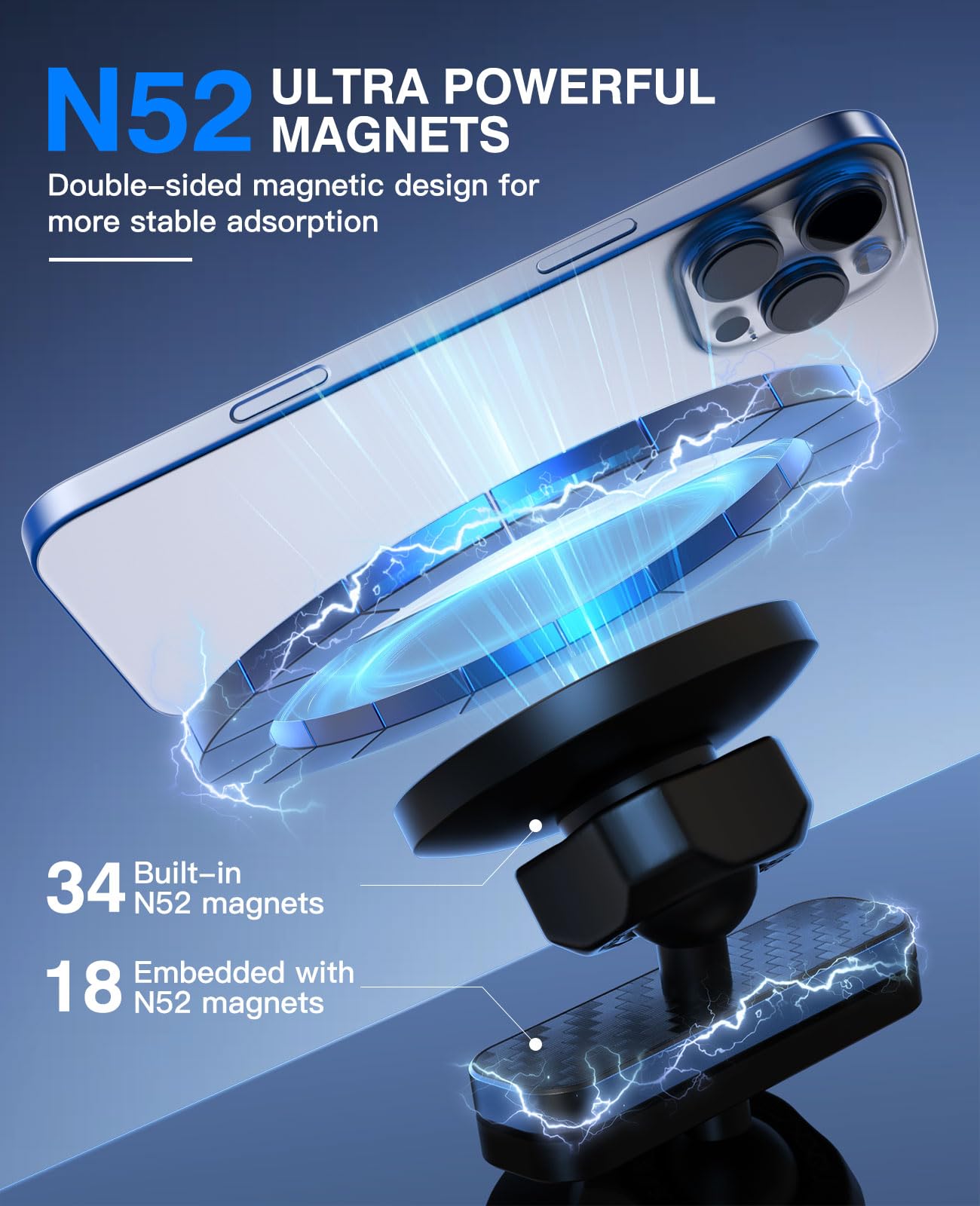 MoKo Supporto Magnetico per Cellulare, Supporto per MagSafe Regolabile | 34 Magnetici N52, Design Magnetico Doppia Faccia, Base in Alluminio, Compatibile con iPhone 12-17 MagSafe e Telefoni Android