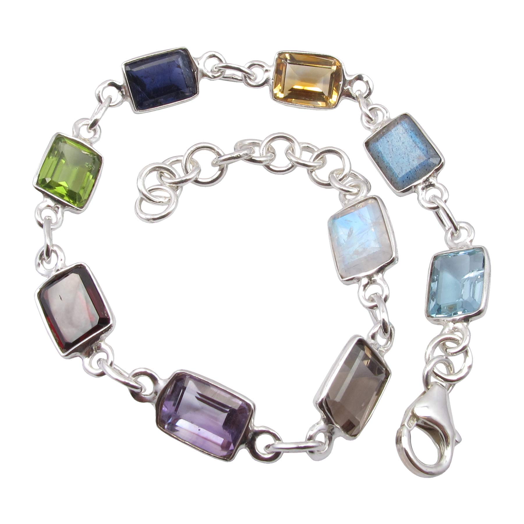 Rectangle Cut Multistones Bracelet 8.3" Sterling Silver New Gemstone