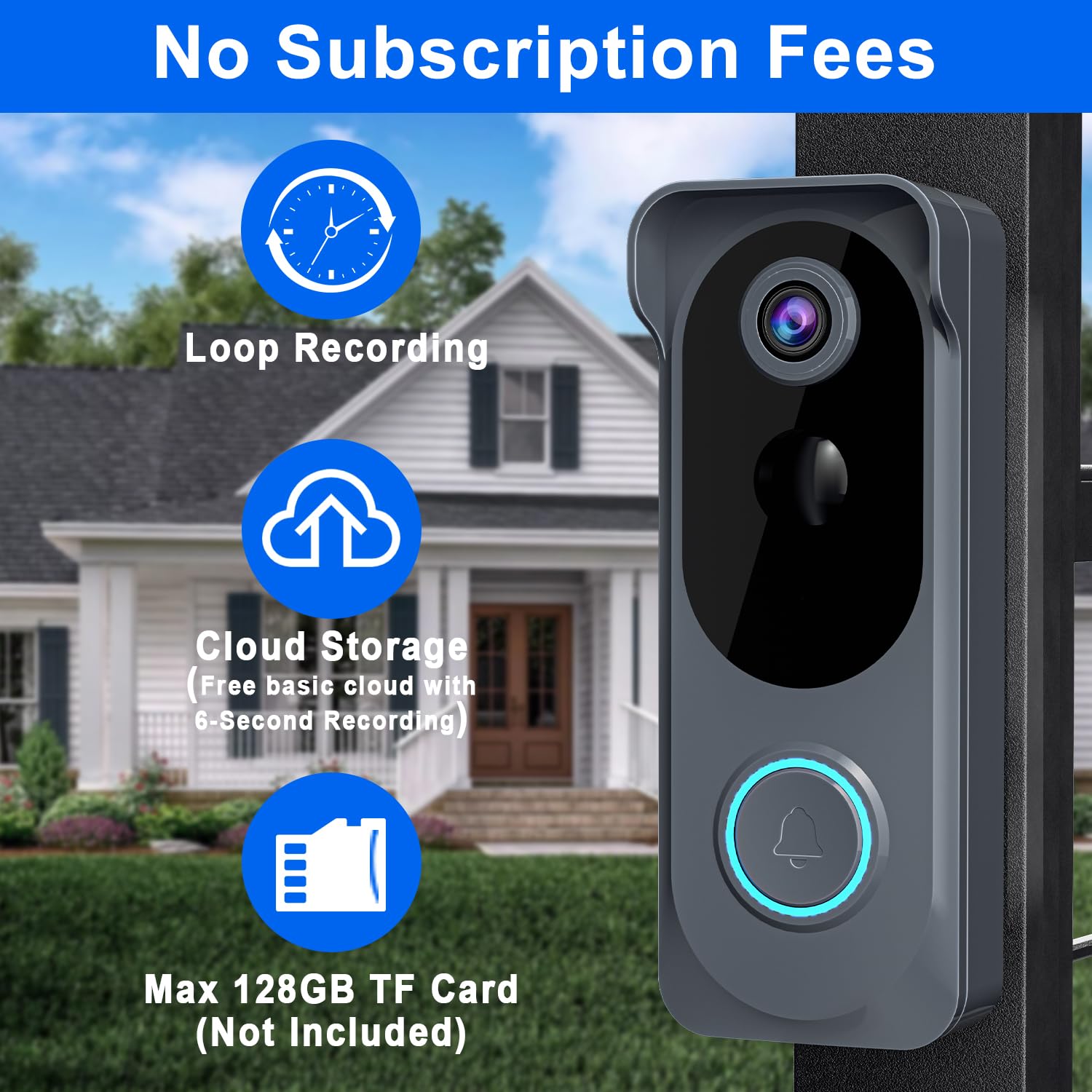 Videocitofono wireless 2K HD, con rilevamento del movimento PIR, alimentazione a batteria, avvisi istantanei, audio a 2 vie, visione notturna, WiFi 2.4G, IP66, scheda SD/archiviazione cloud, funziona