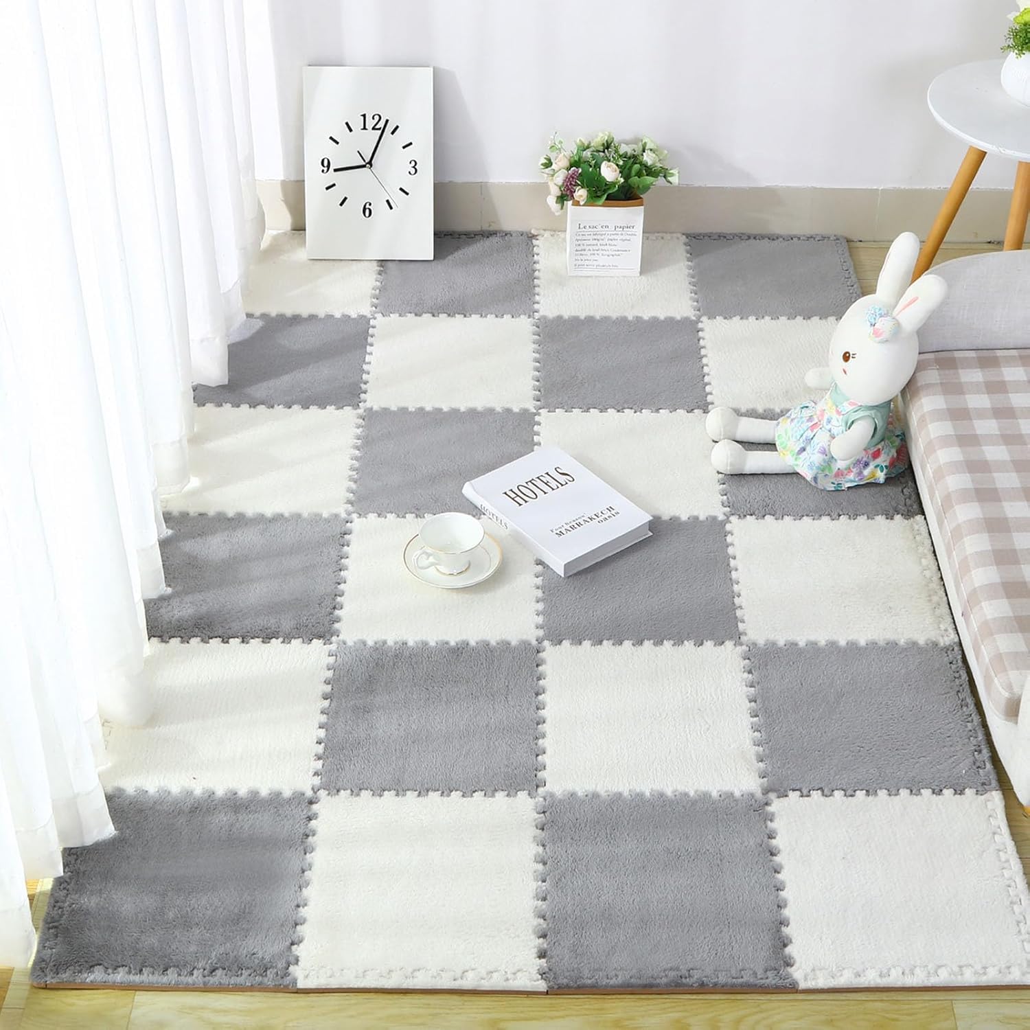 LoiYtrd 16 Pieces Foam Play Mat With Border Interlocking Plush Puzzle Carpet Tiles 30x30cm Square Foam Mat(Gray+White)